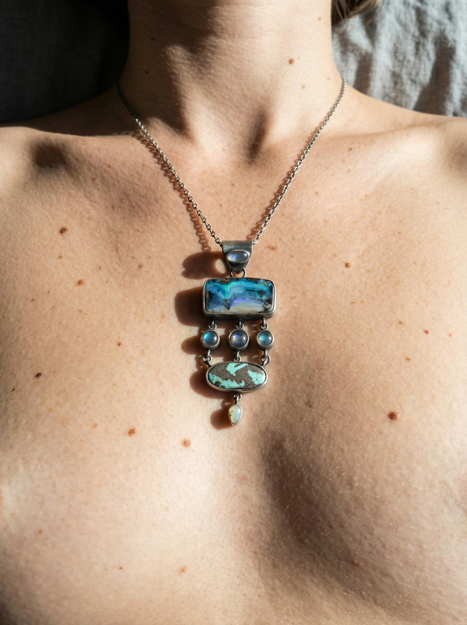 Oxidized Sterling Silver Gemstone Pendant: Australian Opal, Labradorite, Turquoise, Moonstone