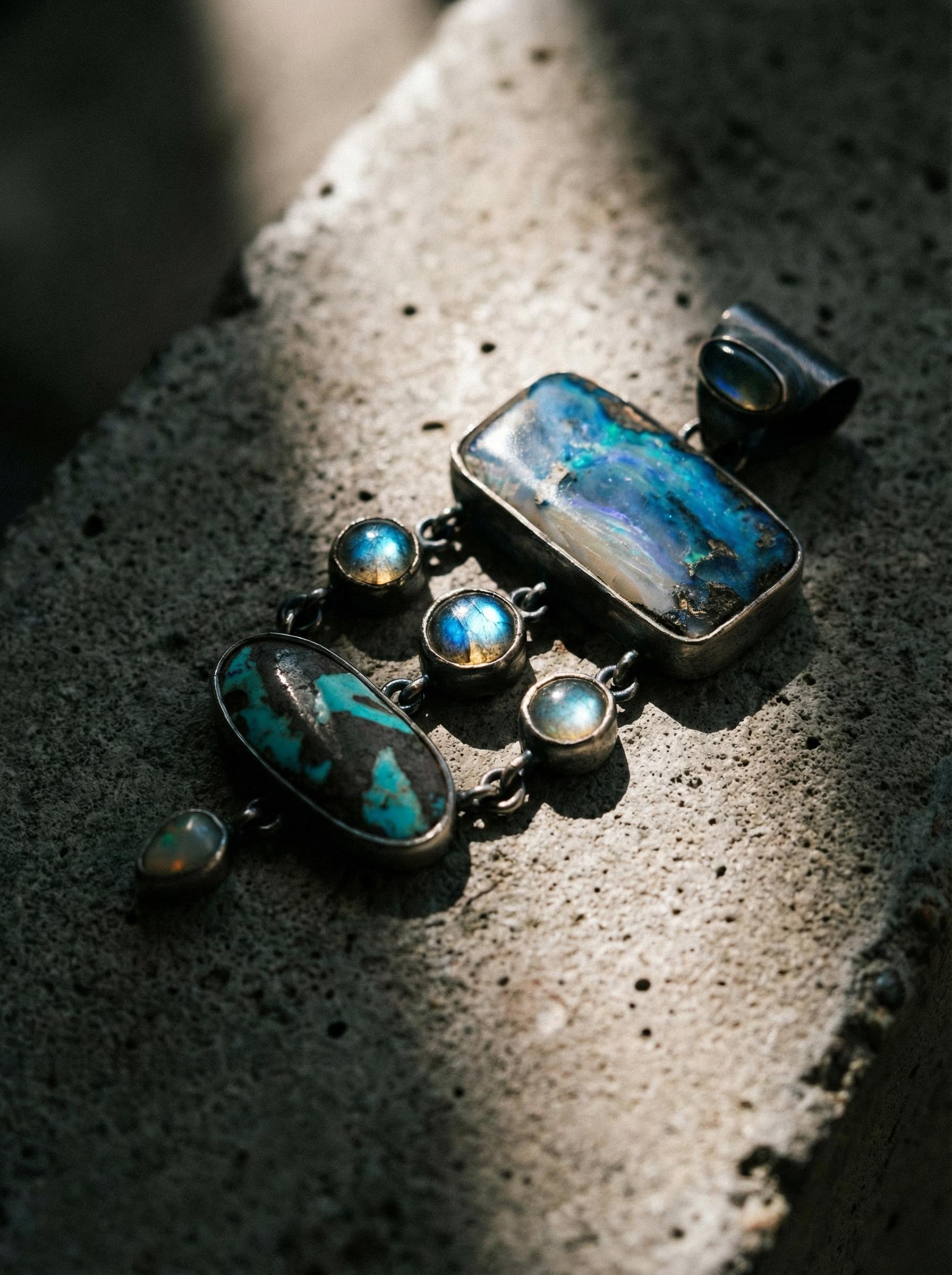 Boulder Opal Labradorite Turquoise Opal Moonstone Pendant 925 Silver Ocean Necklace Crown Third Eye Gift