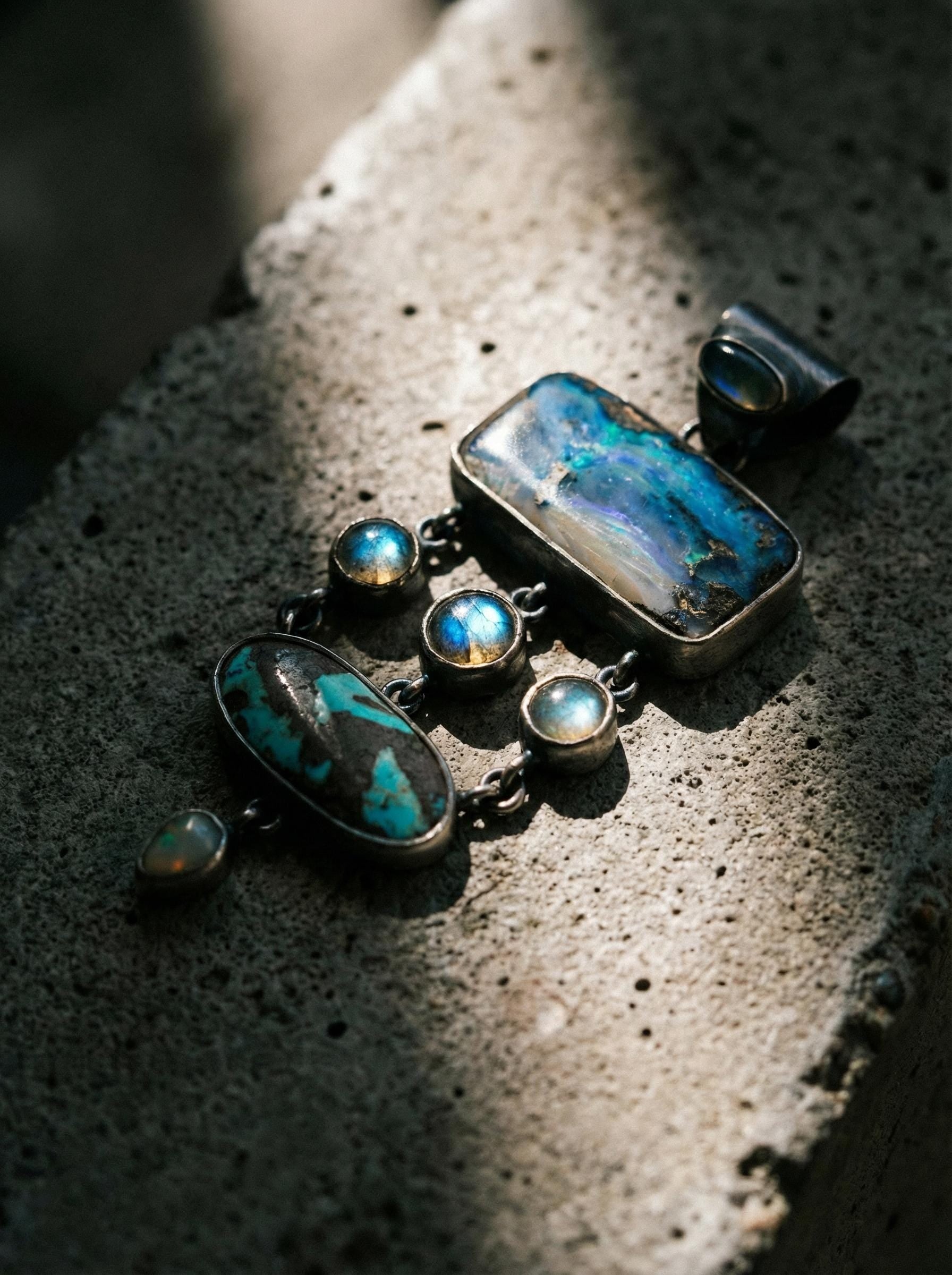 Oxidized Sterling Silver Gemstone Pendant: Australian Opal, Labradorite, Turquoise, Moonstone