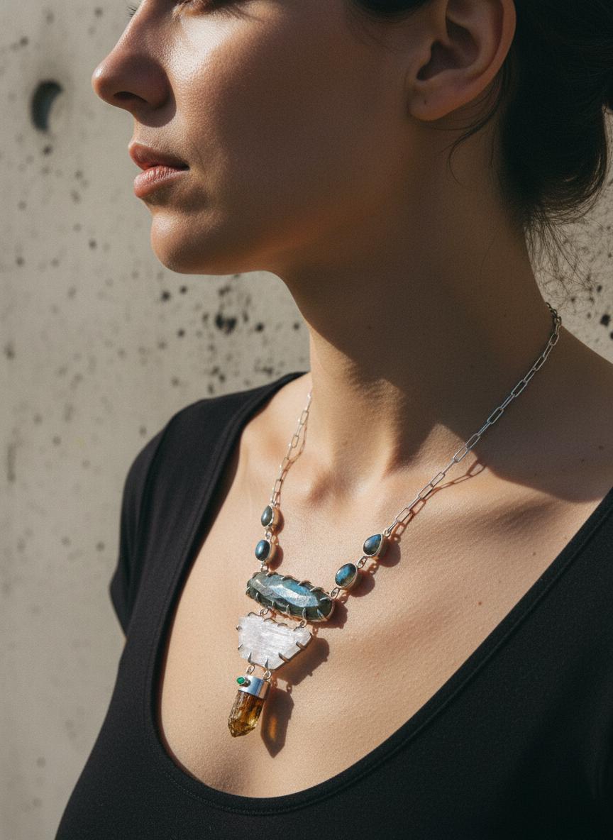 Labradorite Pendant: Sterling Silver, Apatite, Emerald & Kunzite - Chakra Healing Boho Necklace