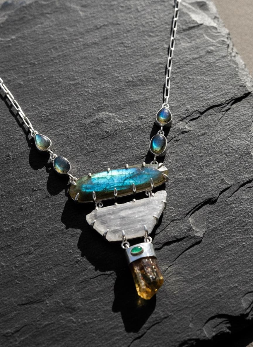 Labradorite Pendant: Sterling Silver, Apatite, Emerald & Kunzite - Chakra Healing Boho Necklace