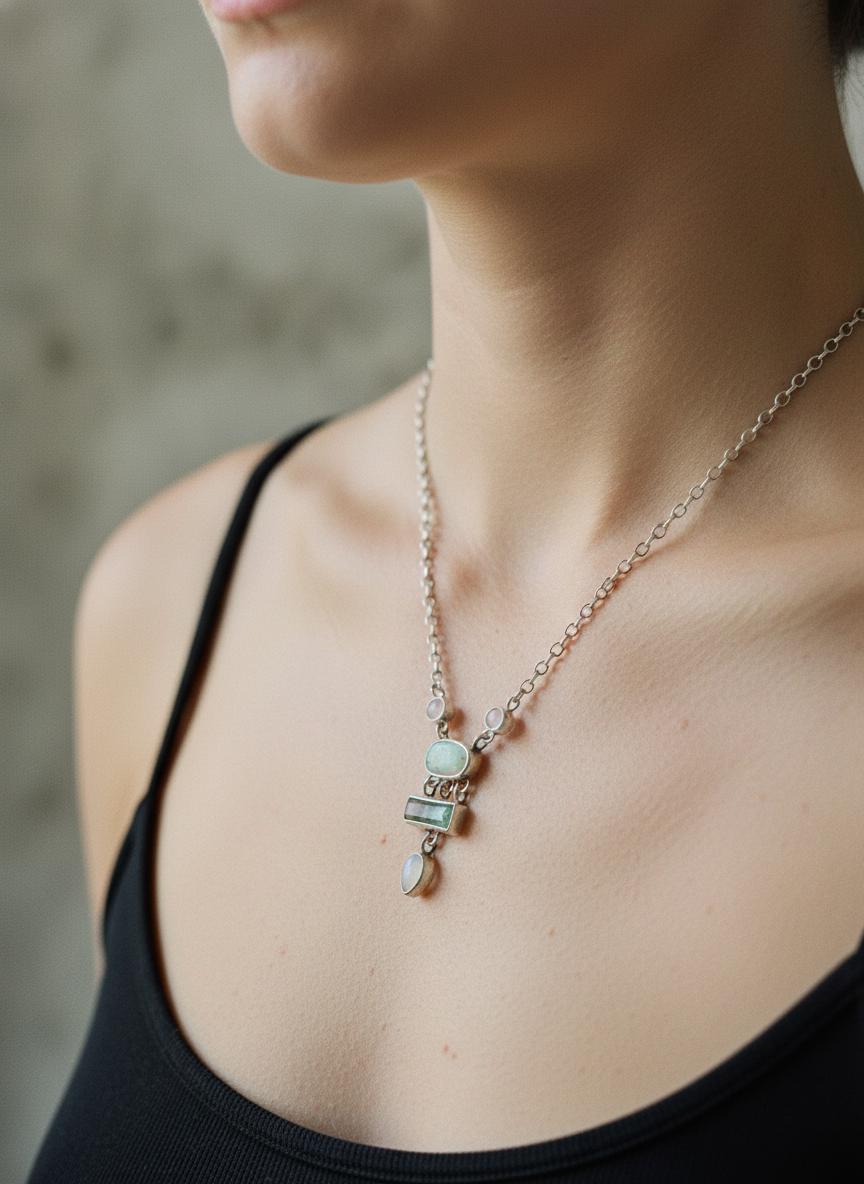 Opal, Rose Quartz & Moonstone Necklace: Sterling Silver Gemstone Pendant