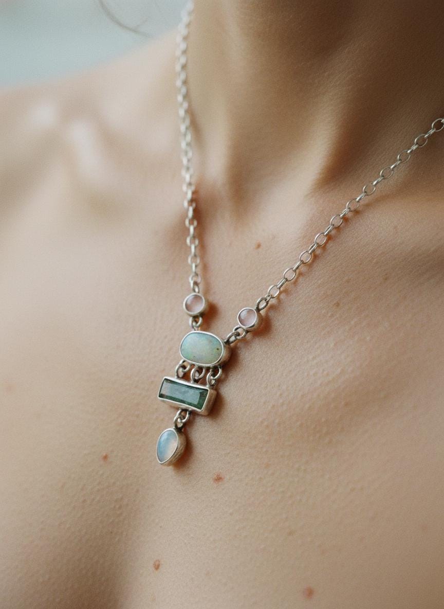 Opal, Rose Quartz & Moonstone Necklace: Sterling Silver Gemstone Pendant