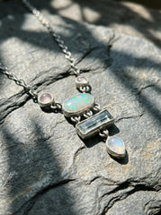Opal, Rose Quartz & Moonstone Necklace: Sterling Silver Gemstone Pendant