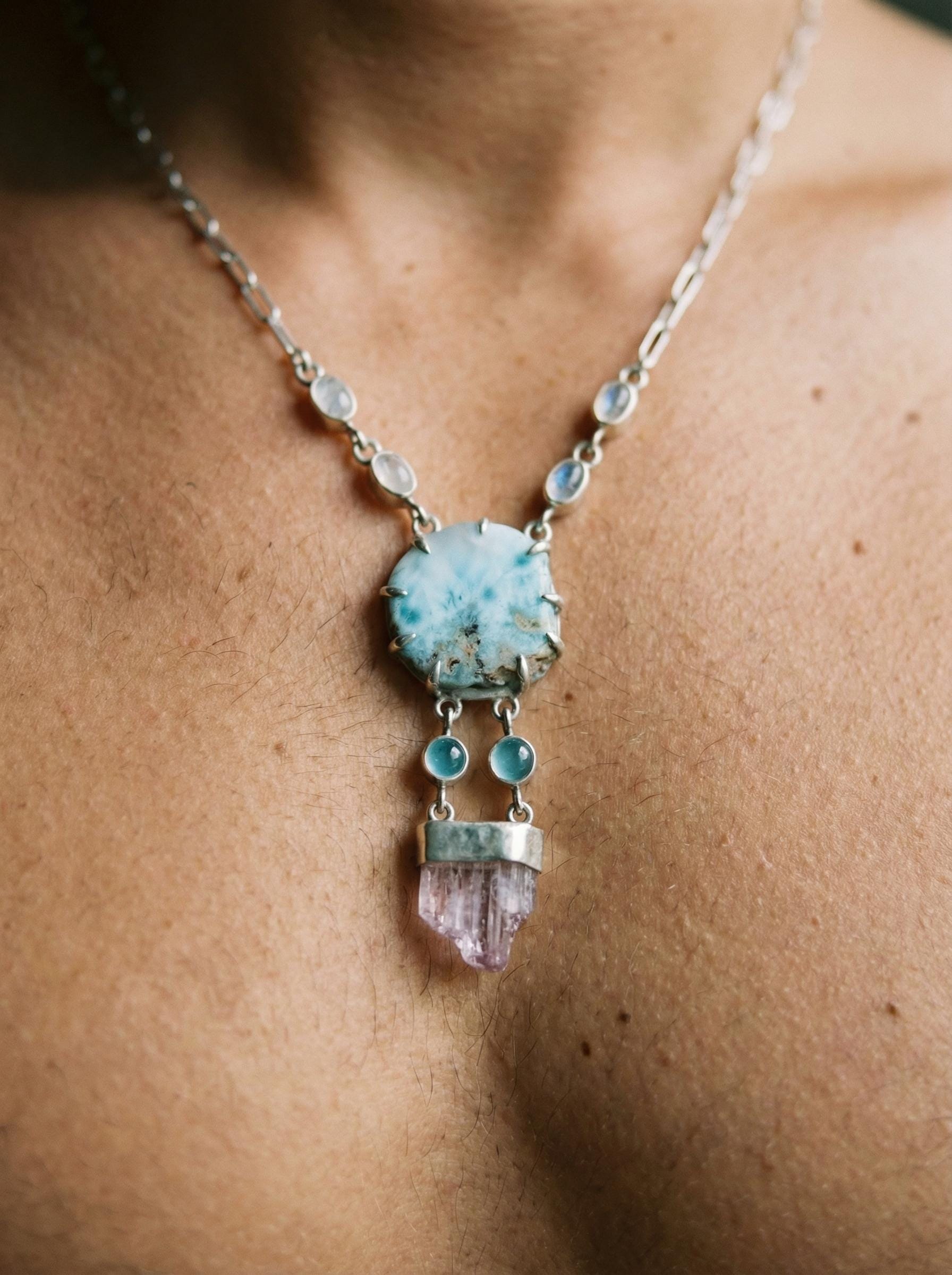 Larimar Kunzite Pendant: Sterling Silver Atlantis Stone Necklace