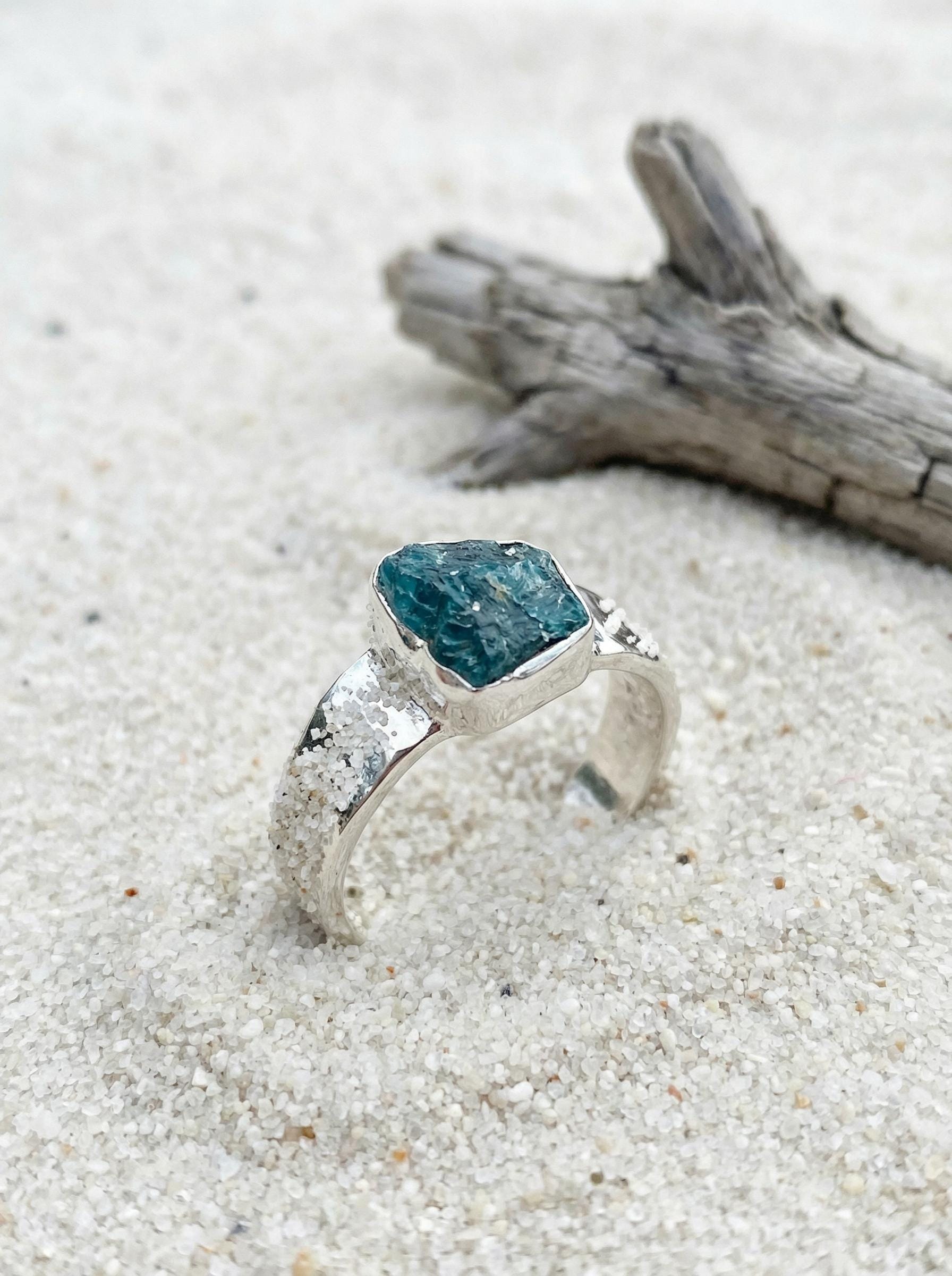 Apatite Ring 925 Sterling Silver Semi Rough Blue Crystal Textured Band Throat Chakra Gemini Handmade Gemstone Jewelry
