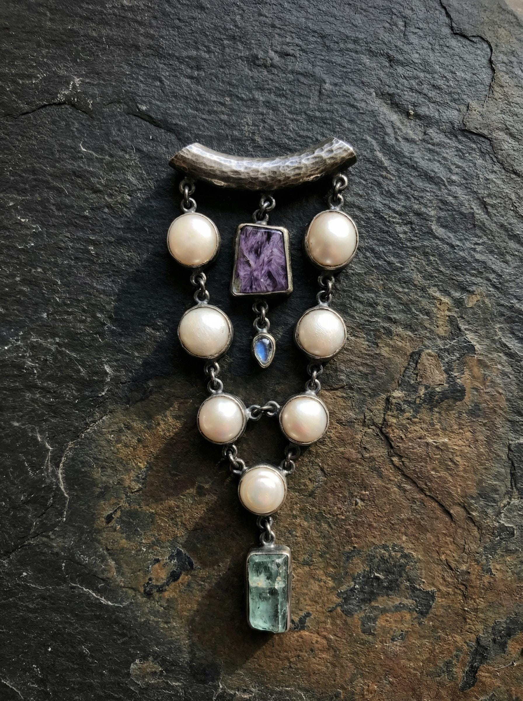 Pearl Charoite Moonstone Aquamarine Pendant 925 Silver Oxidized Ocean Necklace Crown Throat Chakra Gift