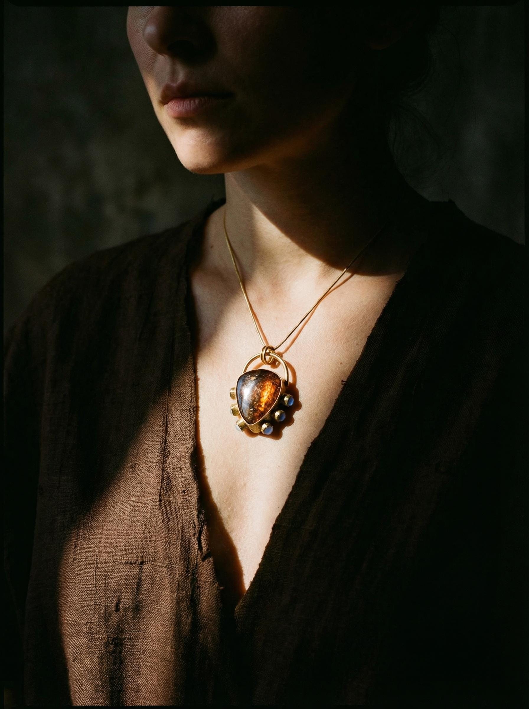 Dravite Tourmaline & Moonstone Pendant, 18k Gold Plated Silver, Organic Texture