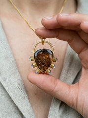 Dravite Tourmaline & Moonstone Pendant, 18k Gold Plated Silver, Organic Texture