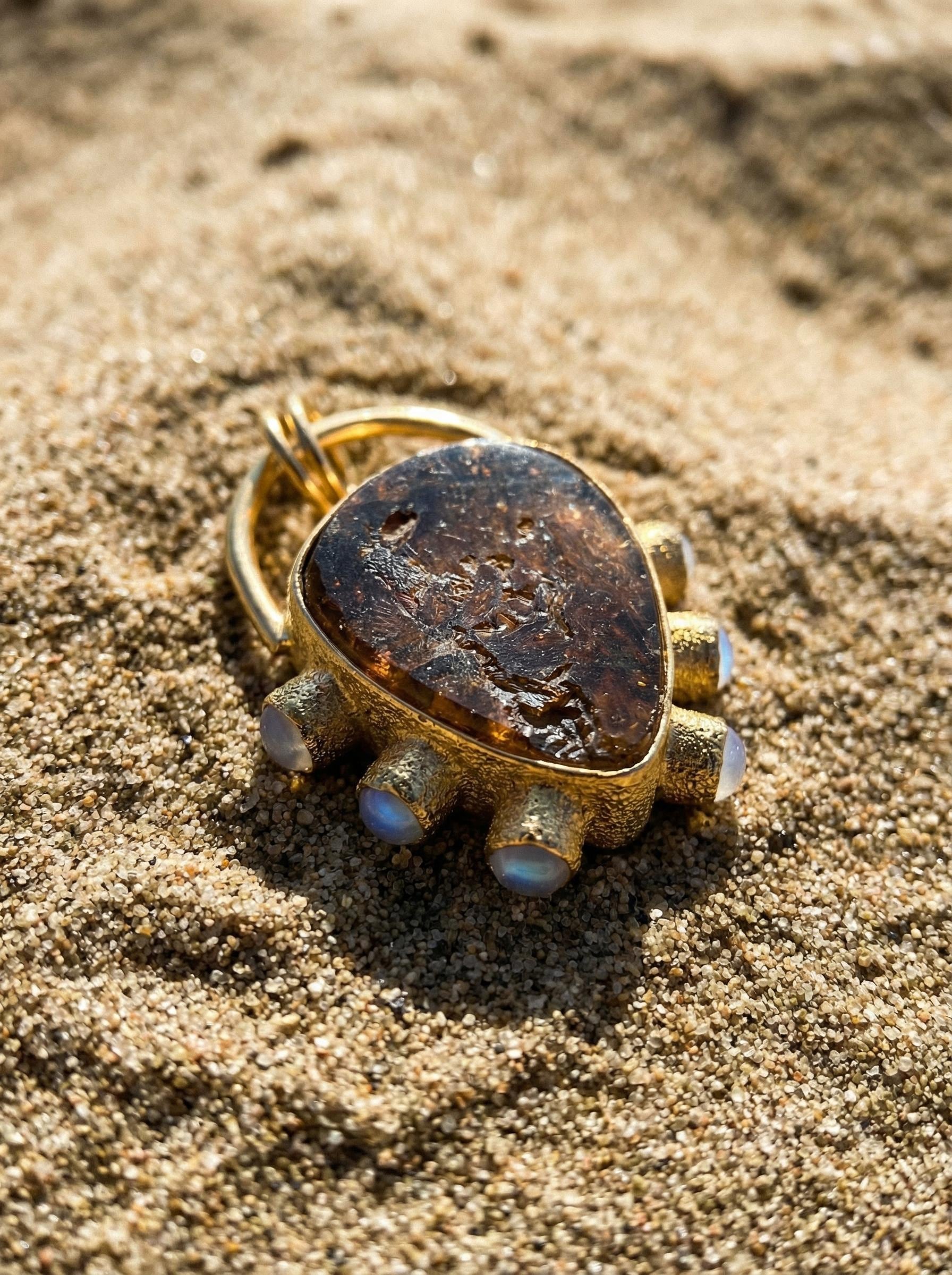 Dravite Tourmaline & Moonstone Pendant, 18k Gold Plated Silver, Organic Texture