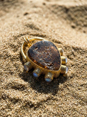 Dravite Tourmaline & Moonstone Pendant, 18k Gold Plated Silver, Organic Texture