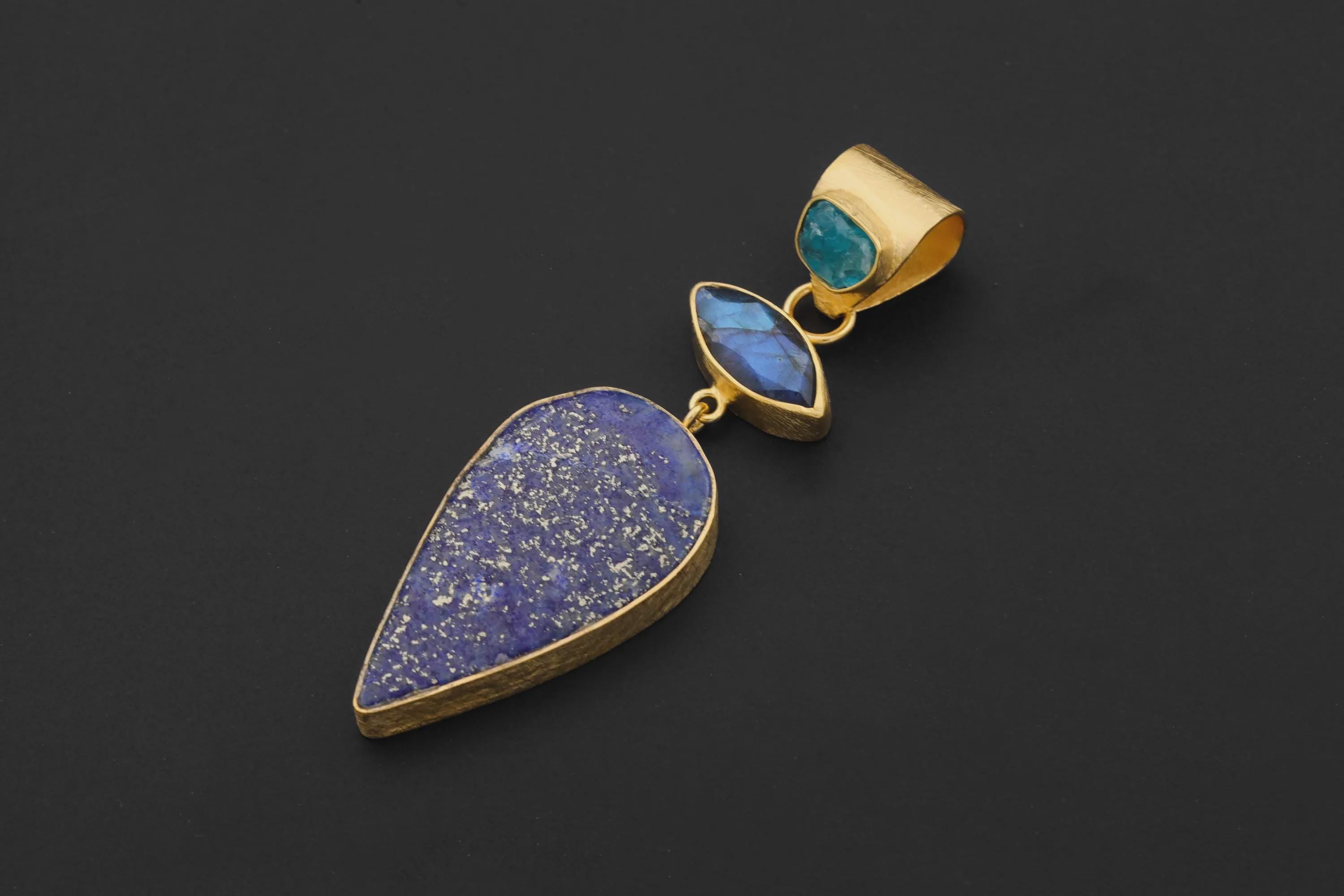 Apatite Labradorite Lapis Lazuli Pendant, 18K Gold Plated Silver