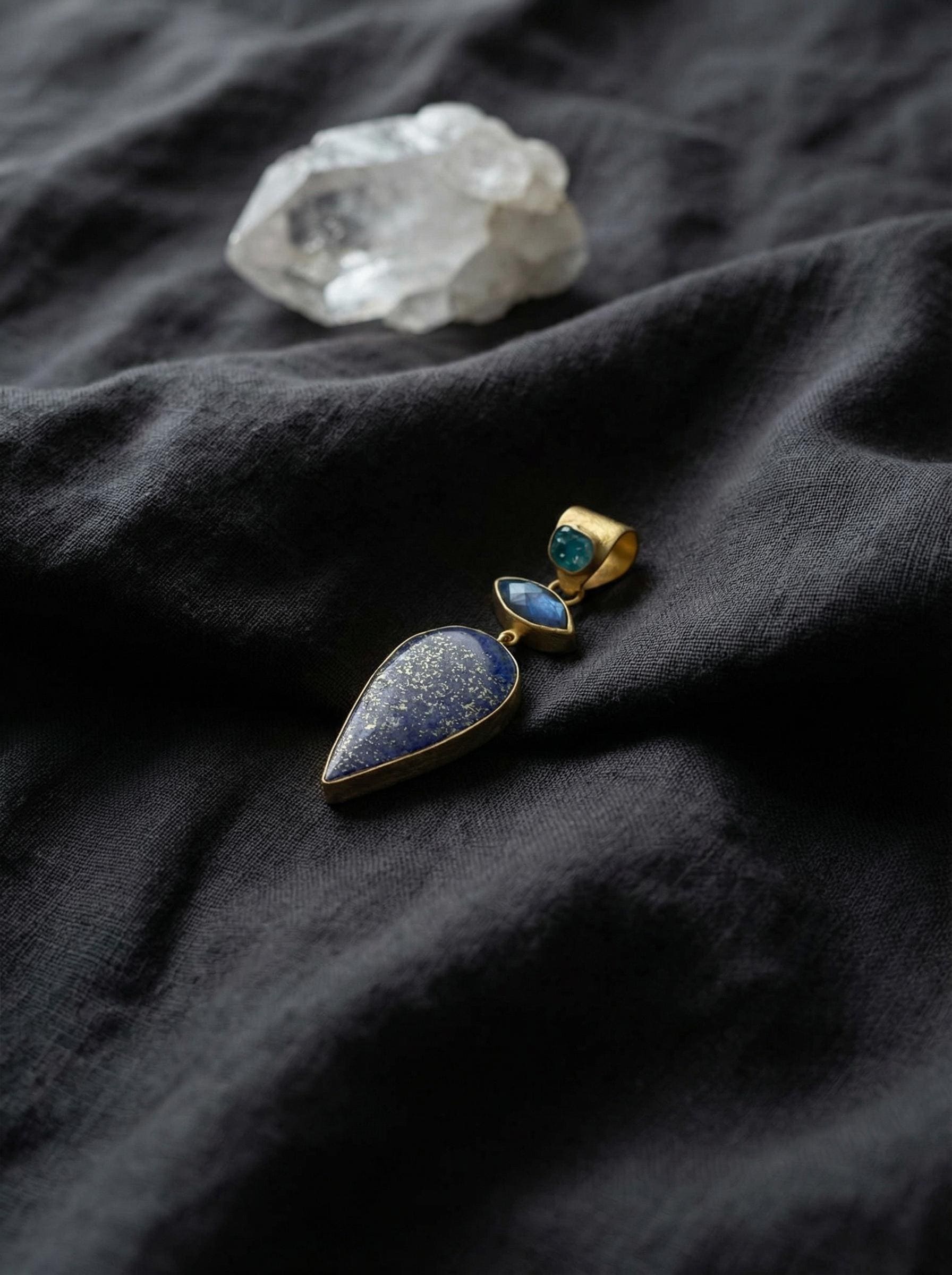Lapis Lazuli Apatite Labradorite Pendant 925 Silver Gold Plated Brushed Texture Blue Gemstone Jewelry