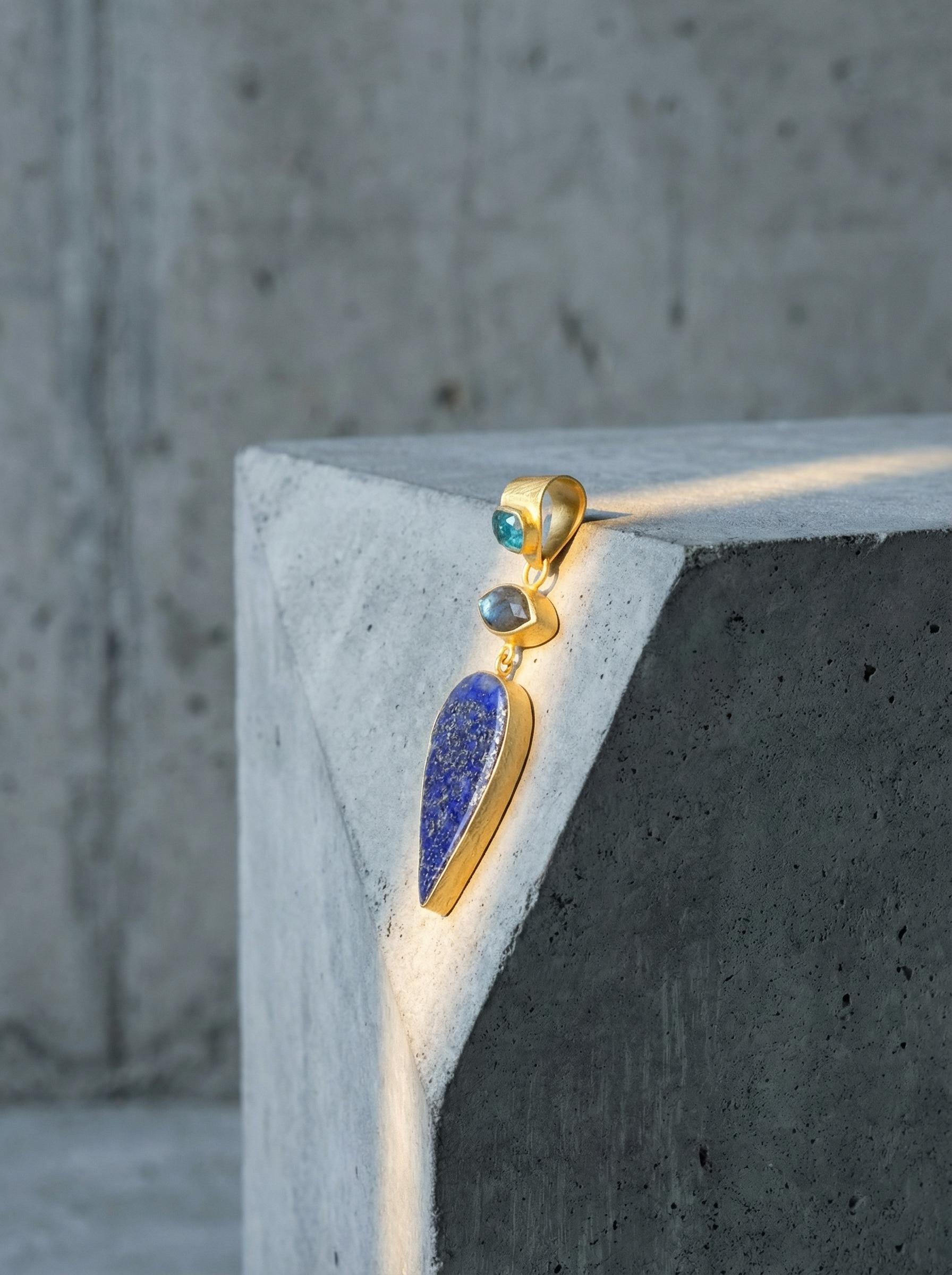 Apatite Labradorite Lapis Lazuli Pendant, 18K Gold Plated Silver