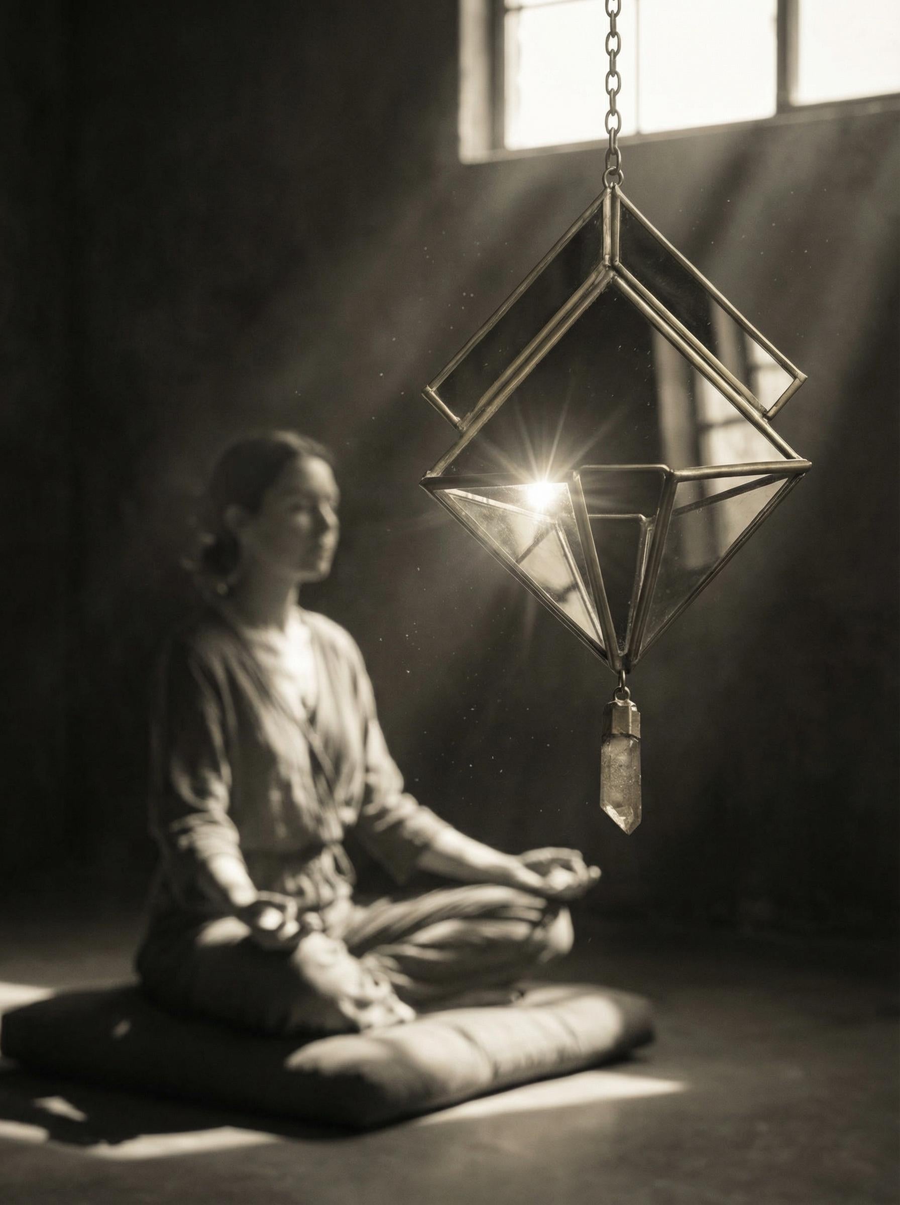 Quartz Reliquary Hanging Decoration, Geometric Mirror Brass Ornament, Raw Crystal Point, Sacred Home Decor, Boho Wall Hanging