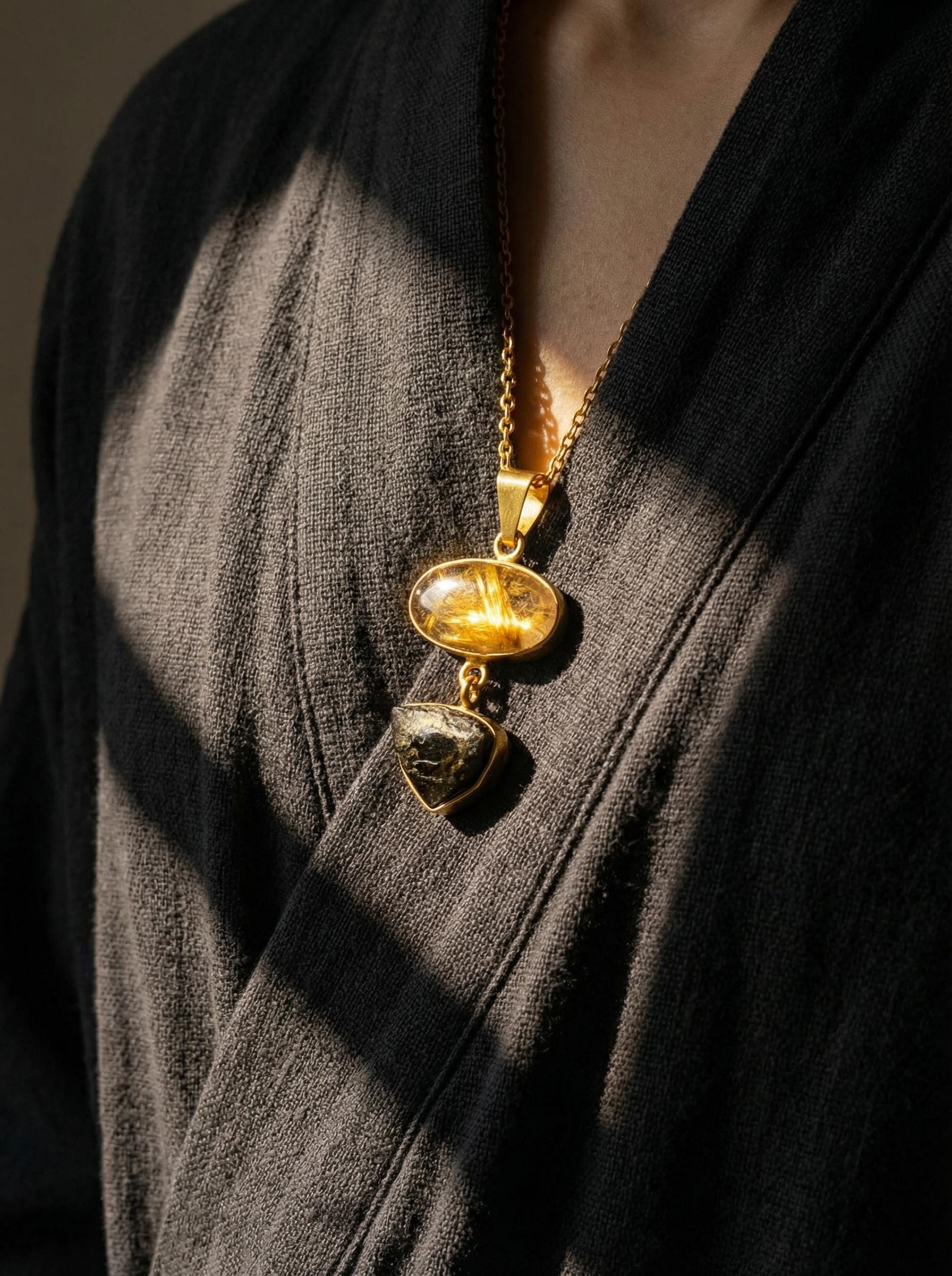 Golden Rutile & Dravite Brown Tourmaline Pendant, 18K Gold Plated 925 Silver, Brushed Textured Talisman, Chakra Energy, Handmade Jewelry