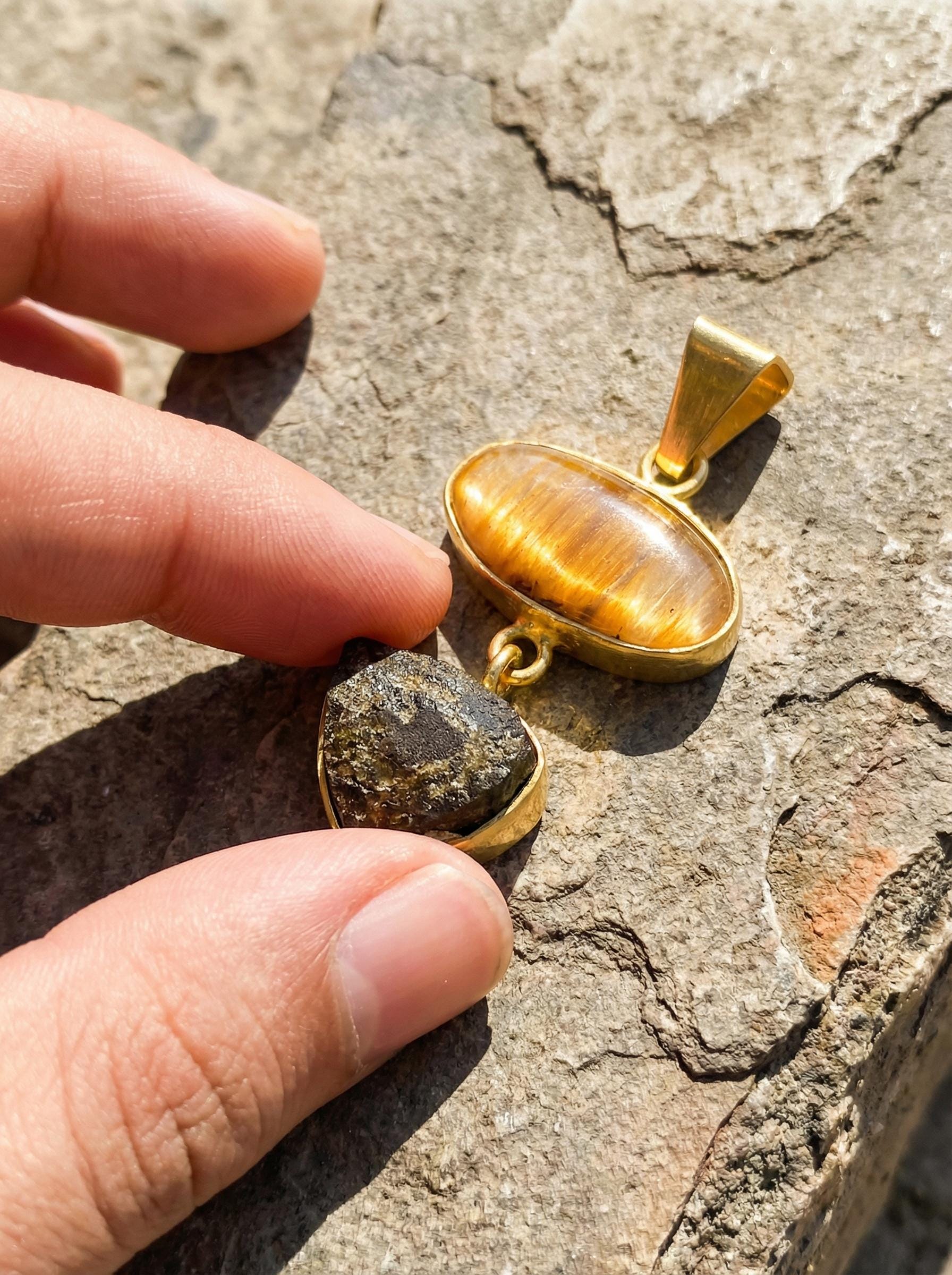 Golden Rutile & Dravite Brown Tourmaline Pendant, 18K Gold Plated 925 Silver, Brushed Textured Talisman, Chakra Energy, Handmade Jewelry