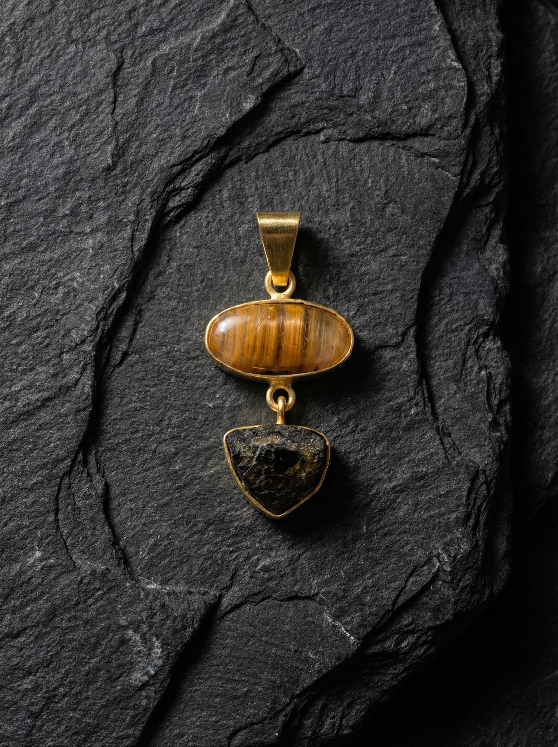 Golden Rutile & Dravite Brown Tourmaline Pendant, 18K Gold Plated 925 Silver, Brushed Textured Talisman, Chakra Energy, Handmade Jewelry