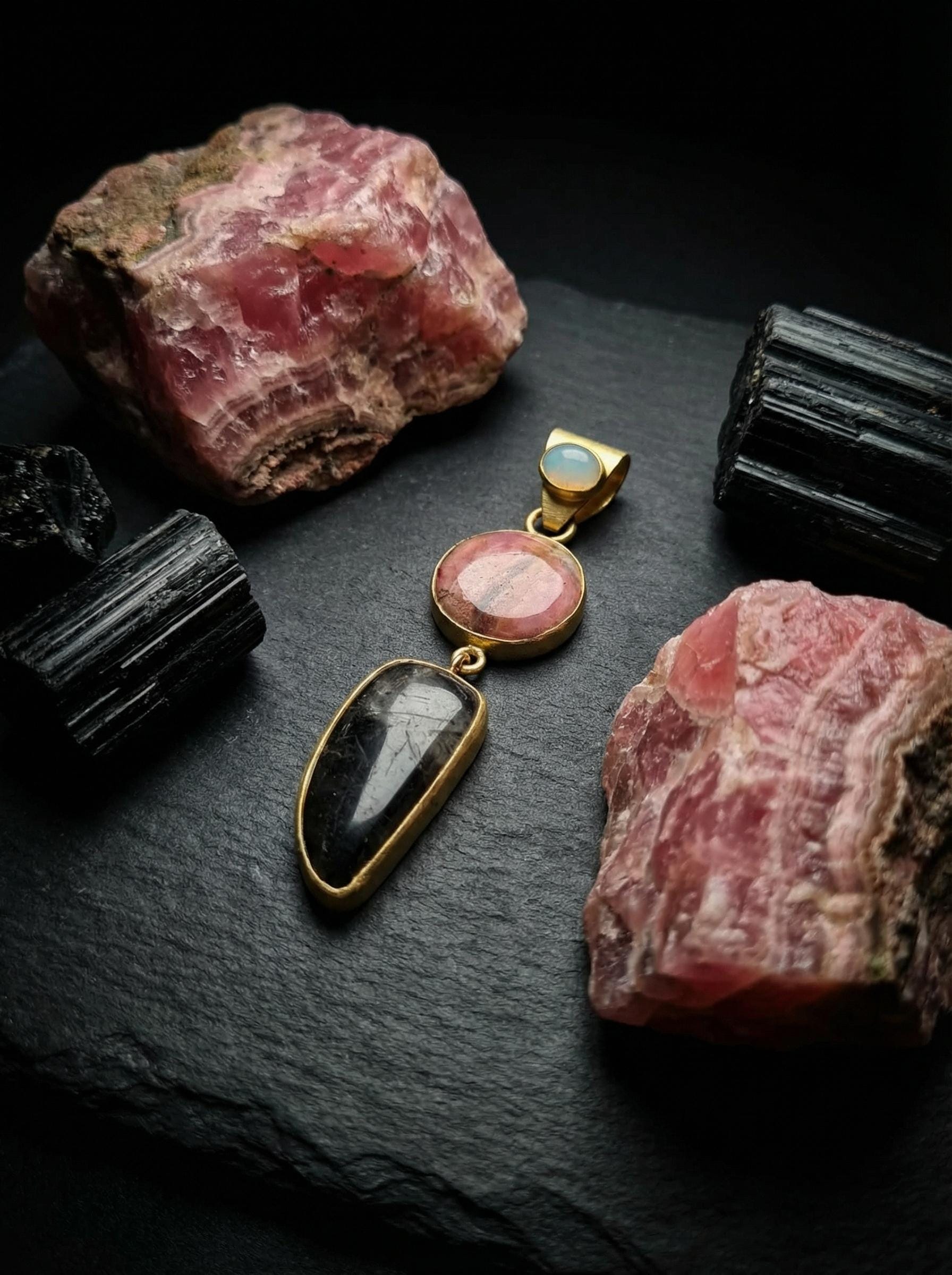 Australian Opal Rhodochrosite Rutilated Quartz Pendant, 18K Gold Plated Silver