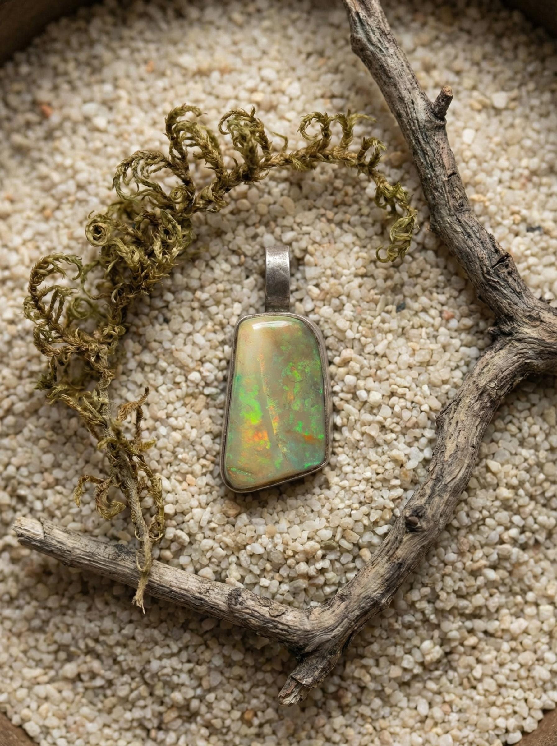 22ct Lightning Ridge White Fiery Opal Pendant, 925 Silver Organic Bezel, Solid Australian Gem Opal, October Birthstone Crown Chakra Gift