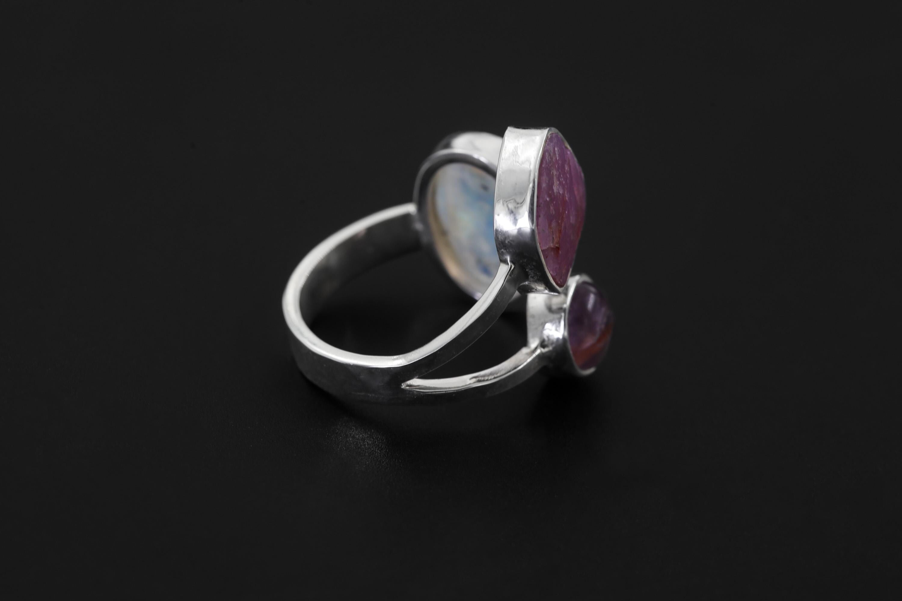 Blue Moonstone Ruby Amethyst Ring 925 Sterling Silver Adjustable Band Heart Third Eye Crown Chakra Gift