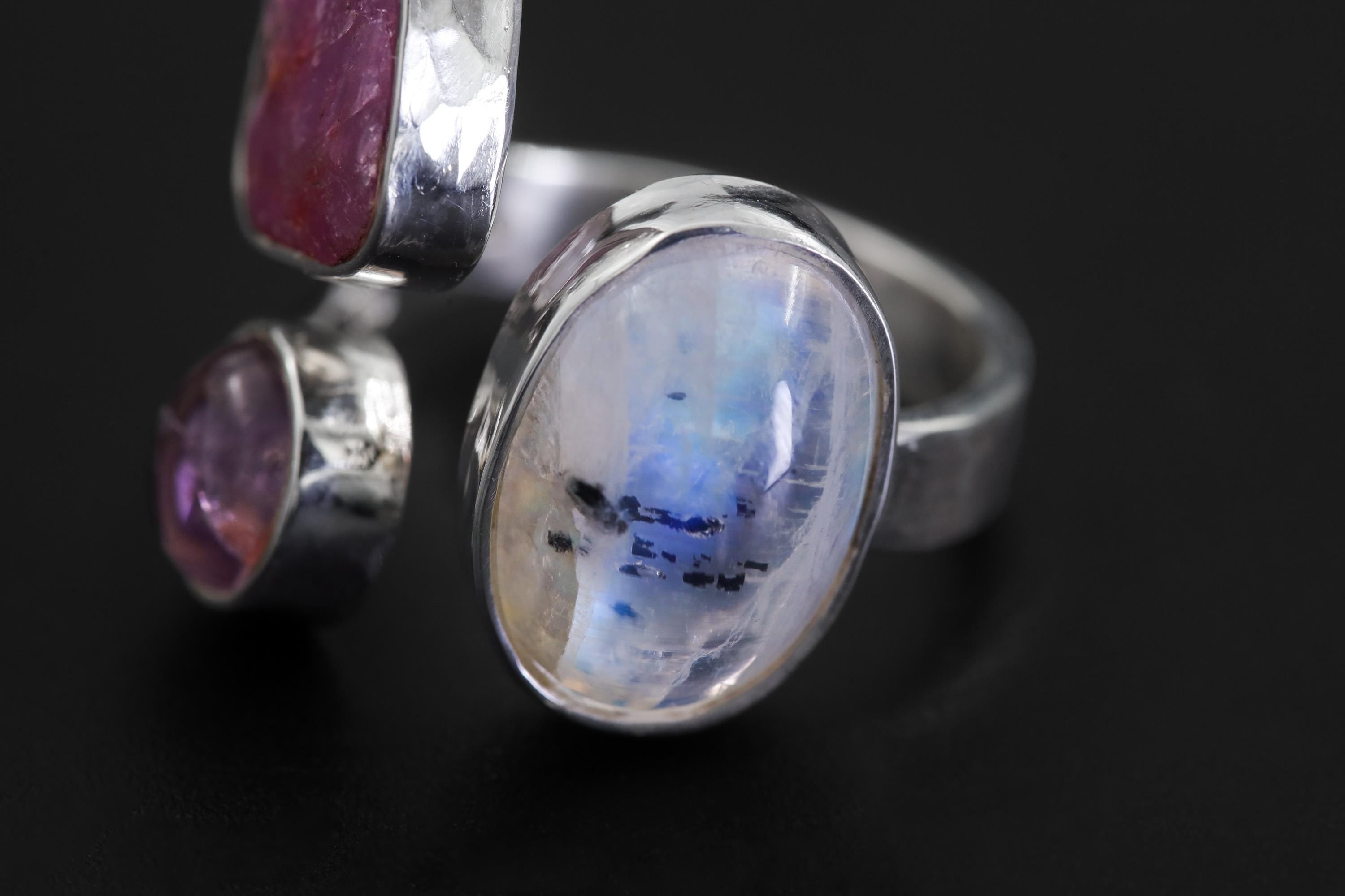 Blue Moonstone Ruby Amethyst Ring 925 Sterling Silver Adjustable Band Heart Third Eye Crown Chakra Gift