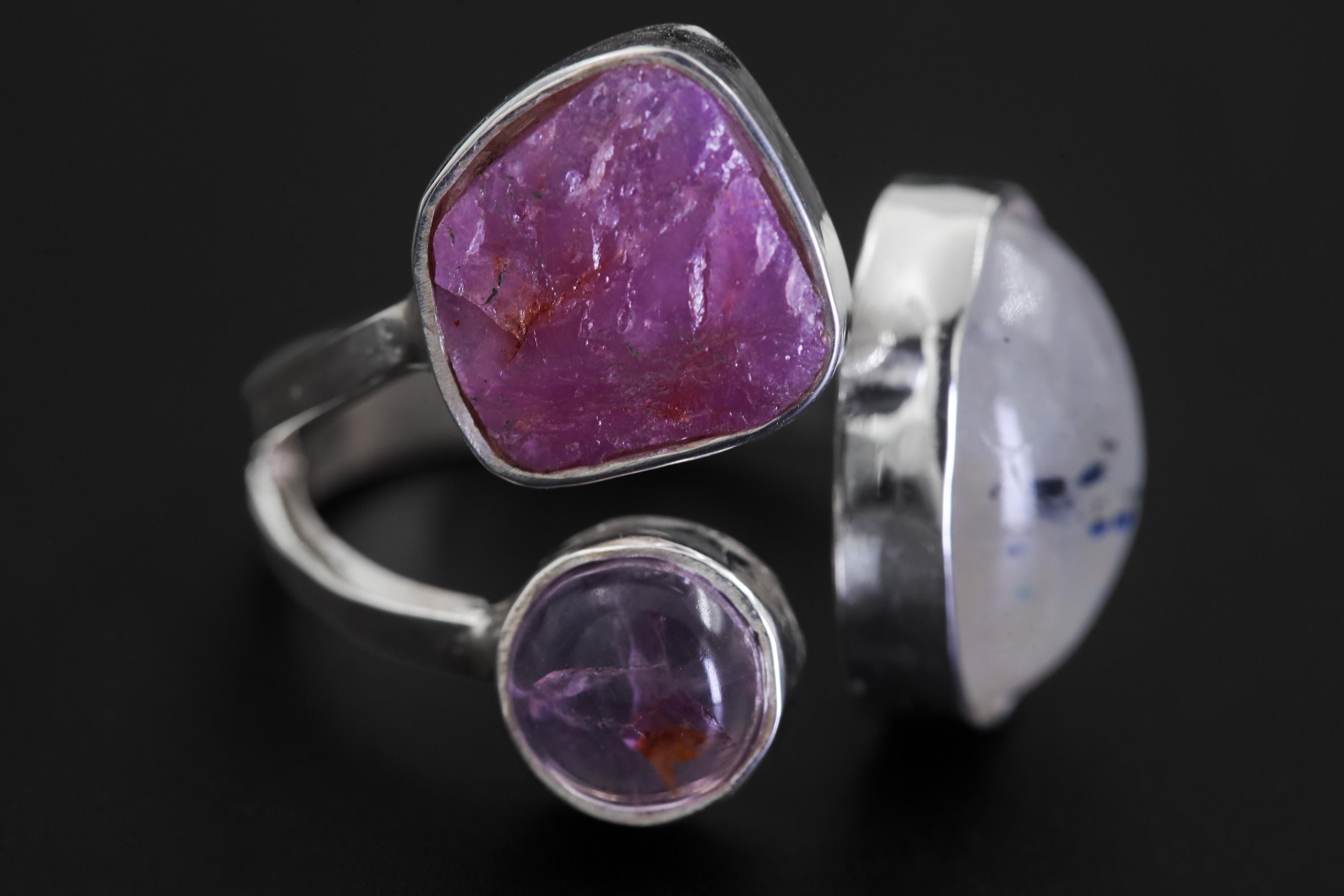 Close-up of Inner Flame Multi Stone Ring showing Blue Moonstone, Ruby, Amethyst, and hammered silver accents.
