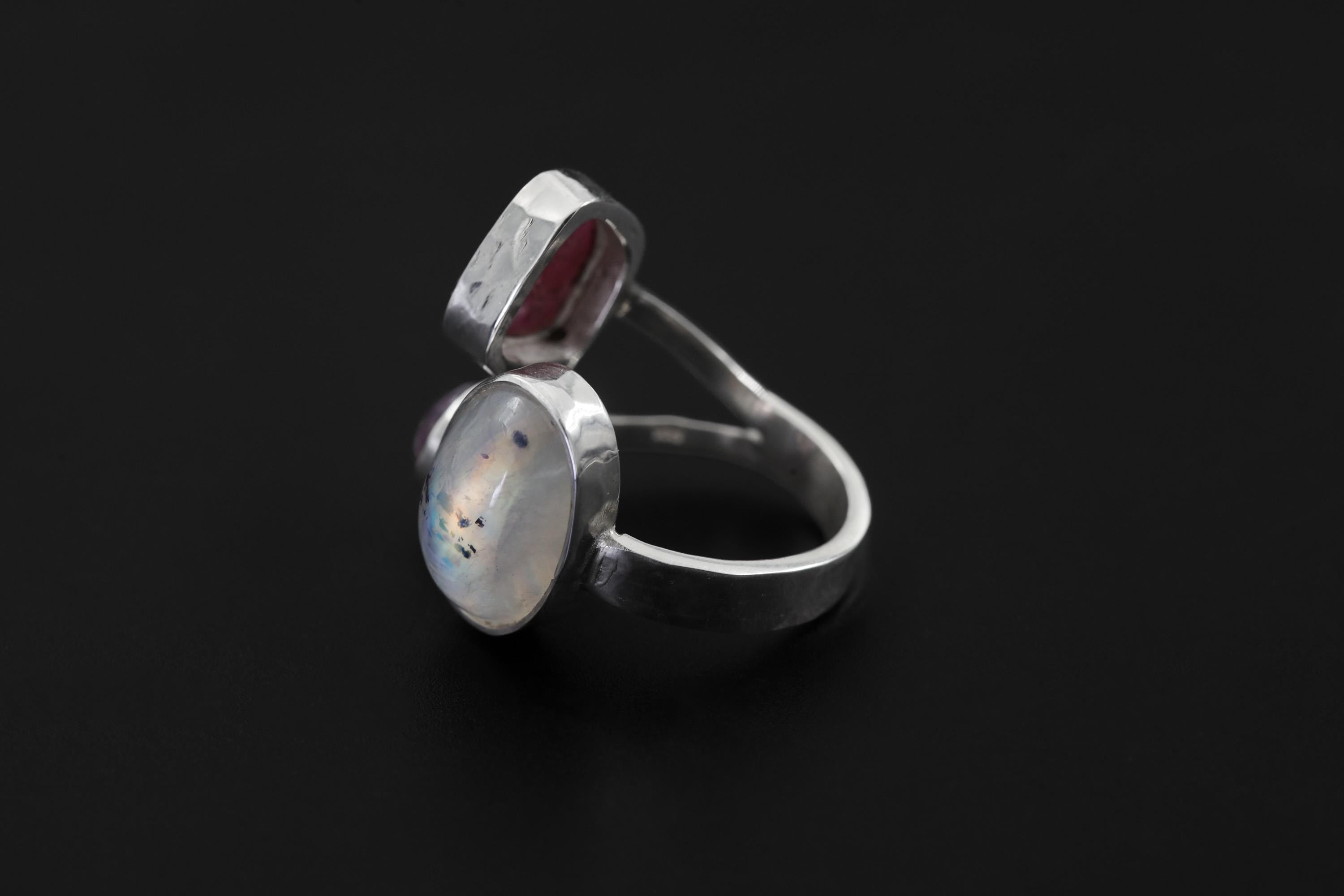 Blue Moonstone Ruby Amethyst Ring 925 Sterling Silver Adjustable Band Heart Third Eye Crown Chakra Gift