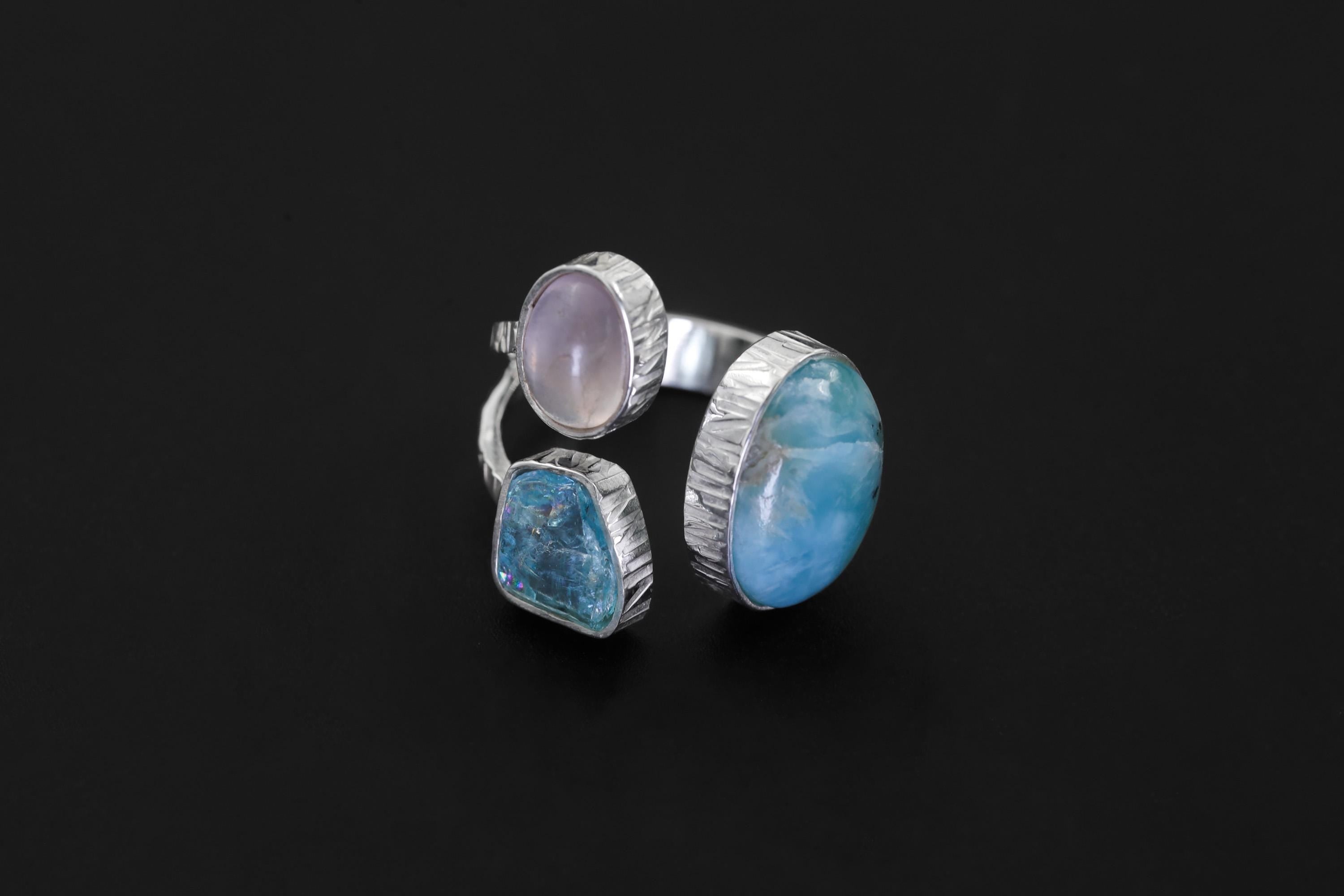 Larimar Apatite Moonstone Ring, 925 Silver Adjustable Triple Stone