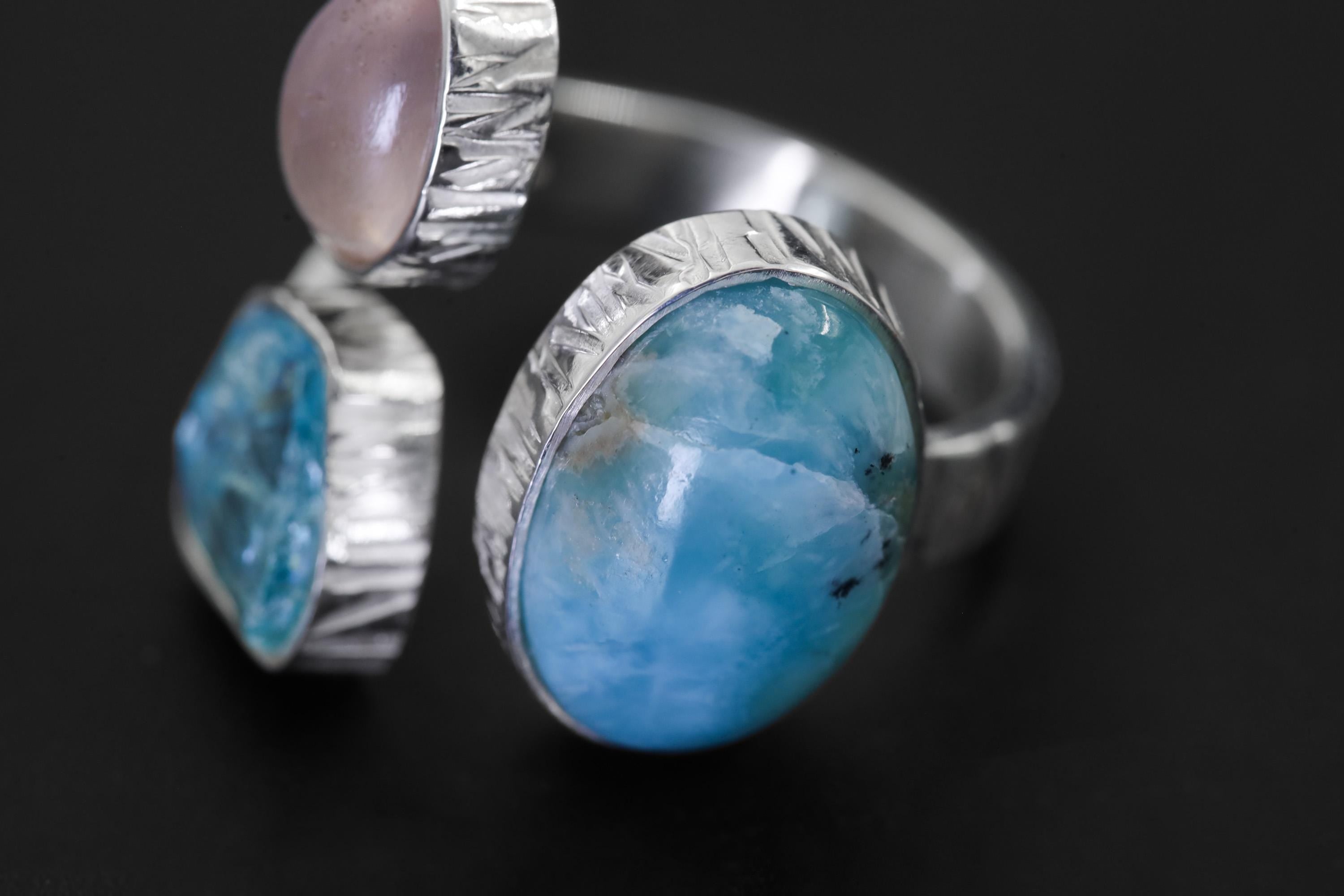 AAA Larimar Ring Blue Apatite Moonstone Sterling Silver Adjustable Open Ring Throat Third Eye Chakra Gift