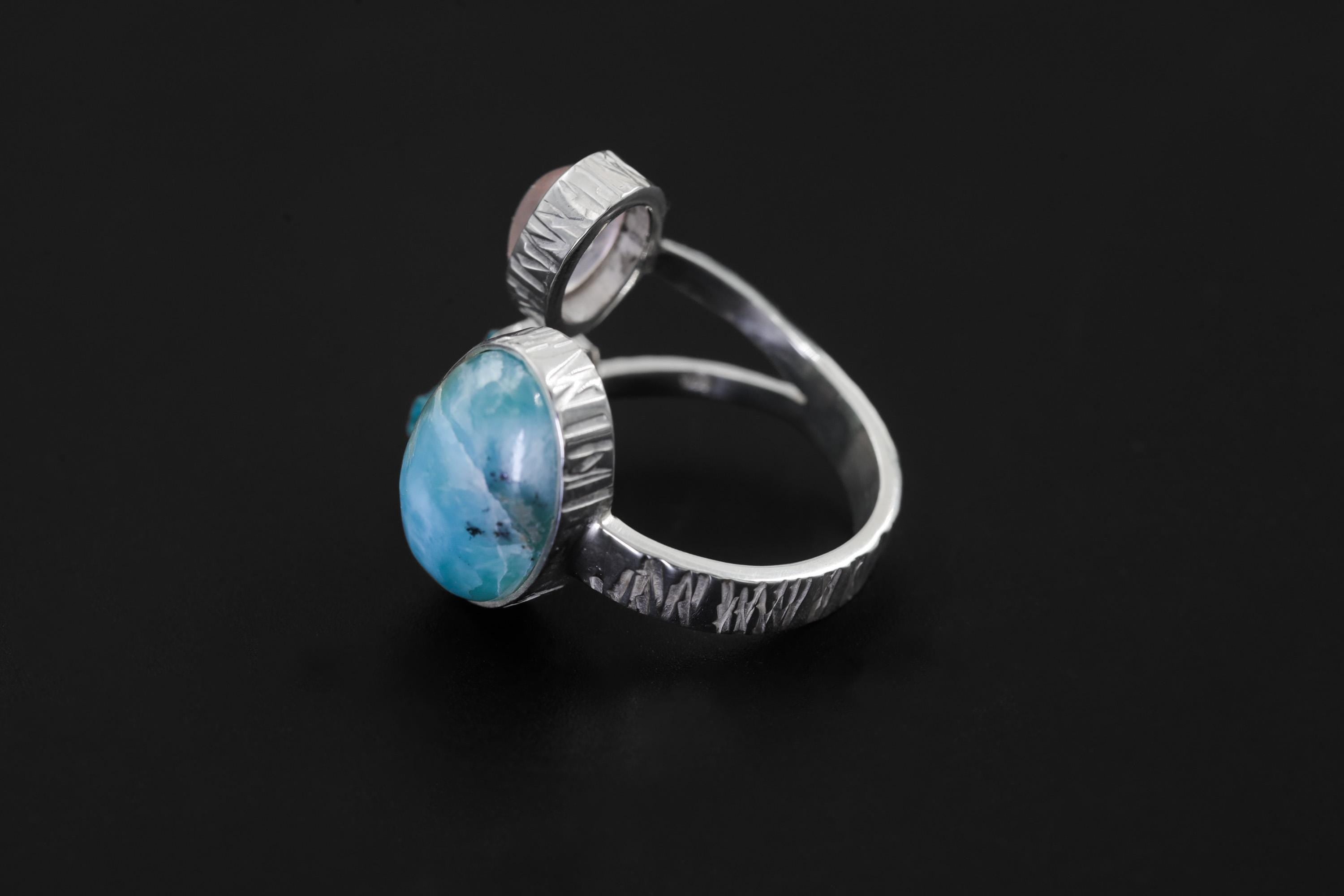 Larimar Apatite Moonstone Ring, 925 Silver Adjustable Triple Stone