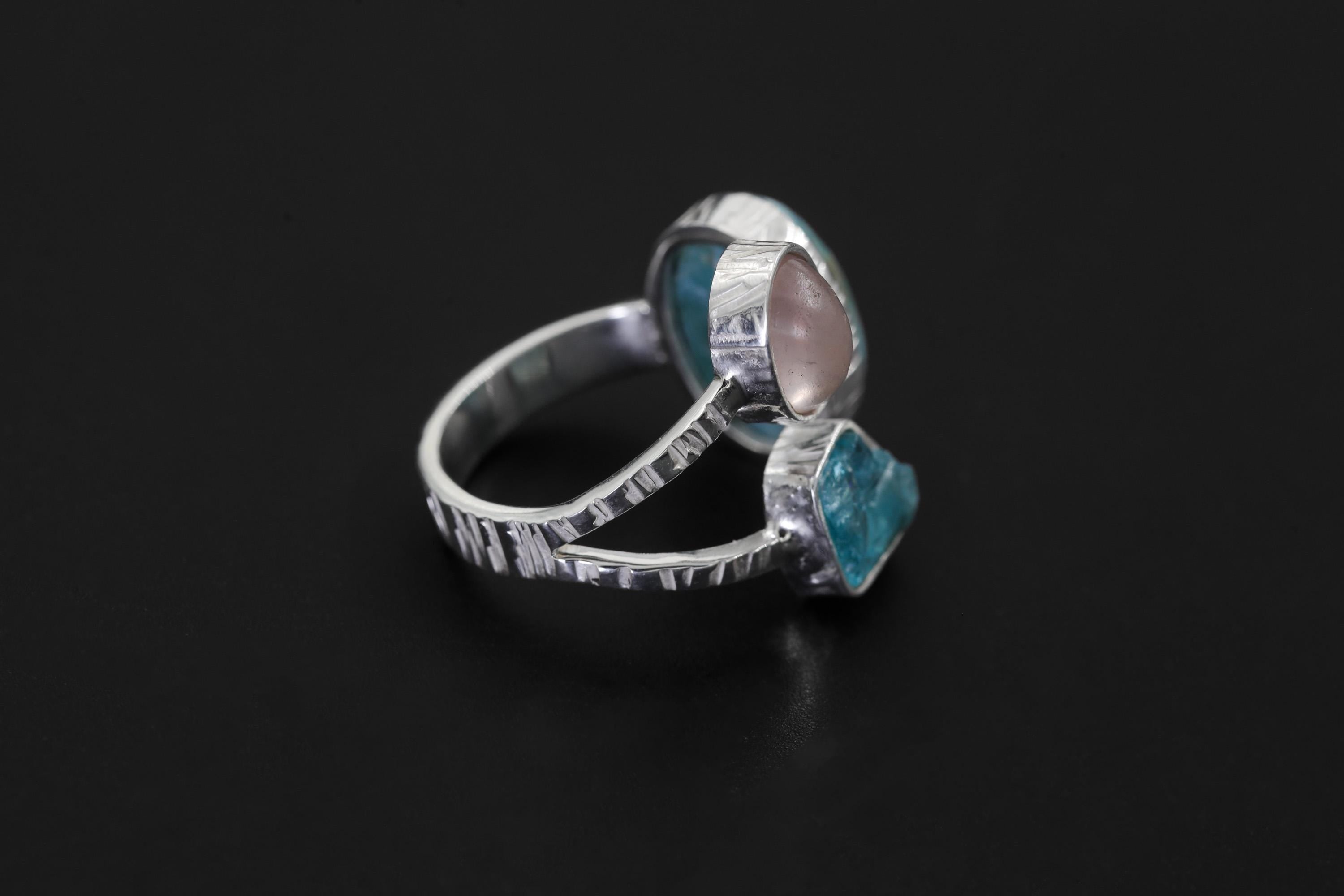 Larimar Apatite Moonstone Ring, 925 Silver Adjustable Triple Stone