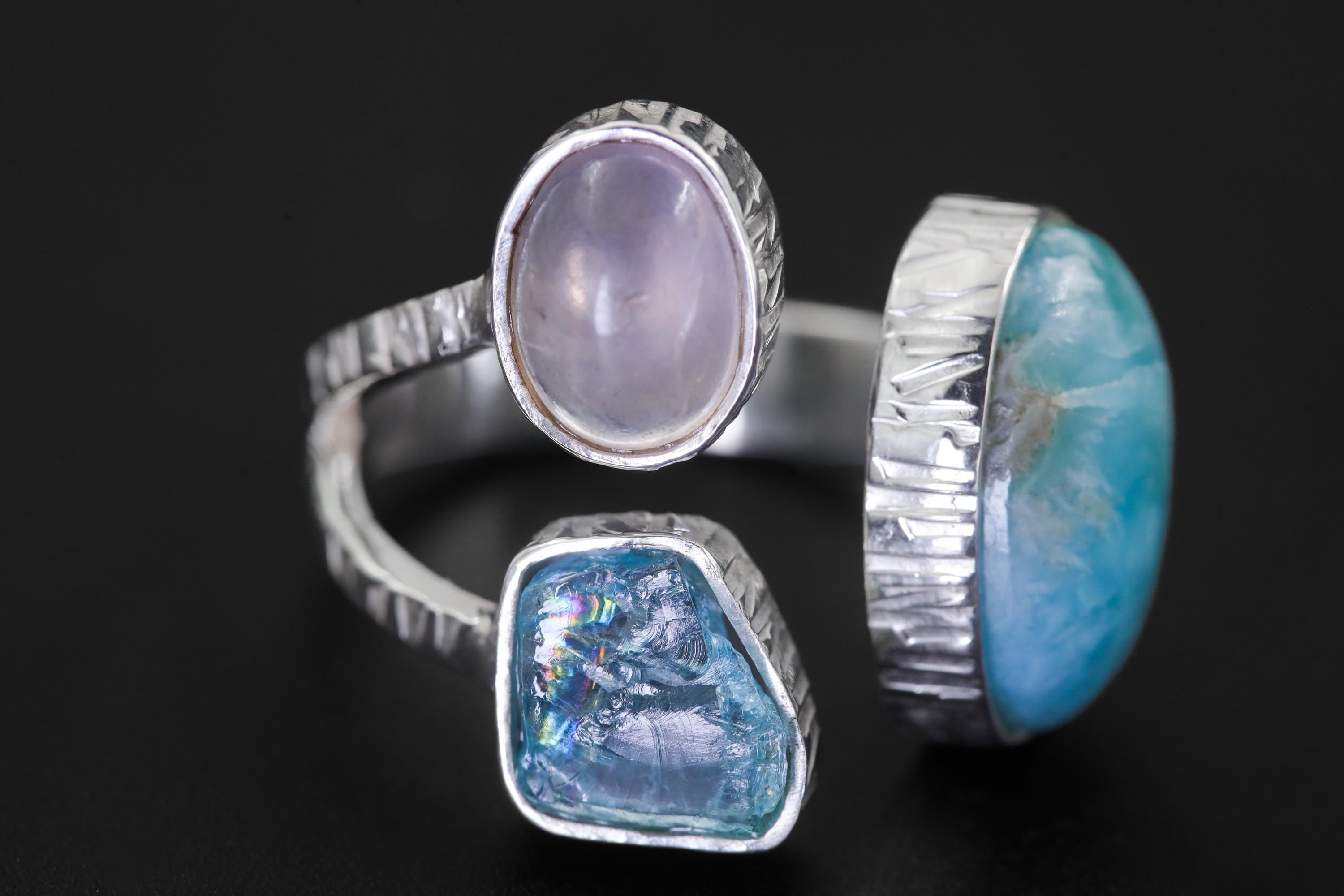 Larimar Apatite Moonstone Ring, 925 Silver Adjustable Triple Stone