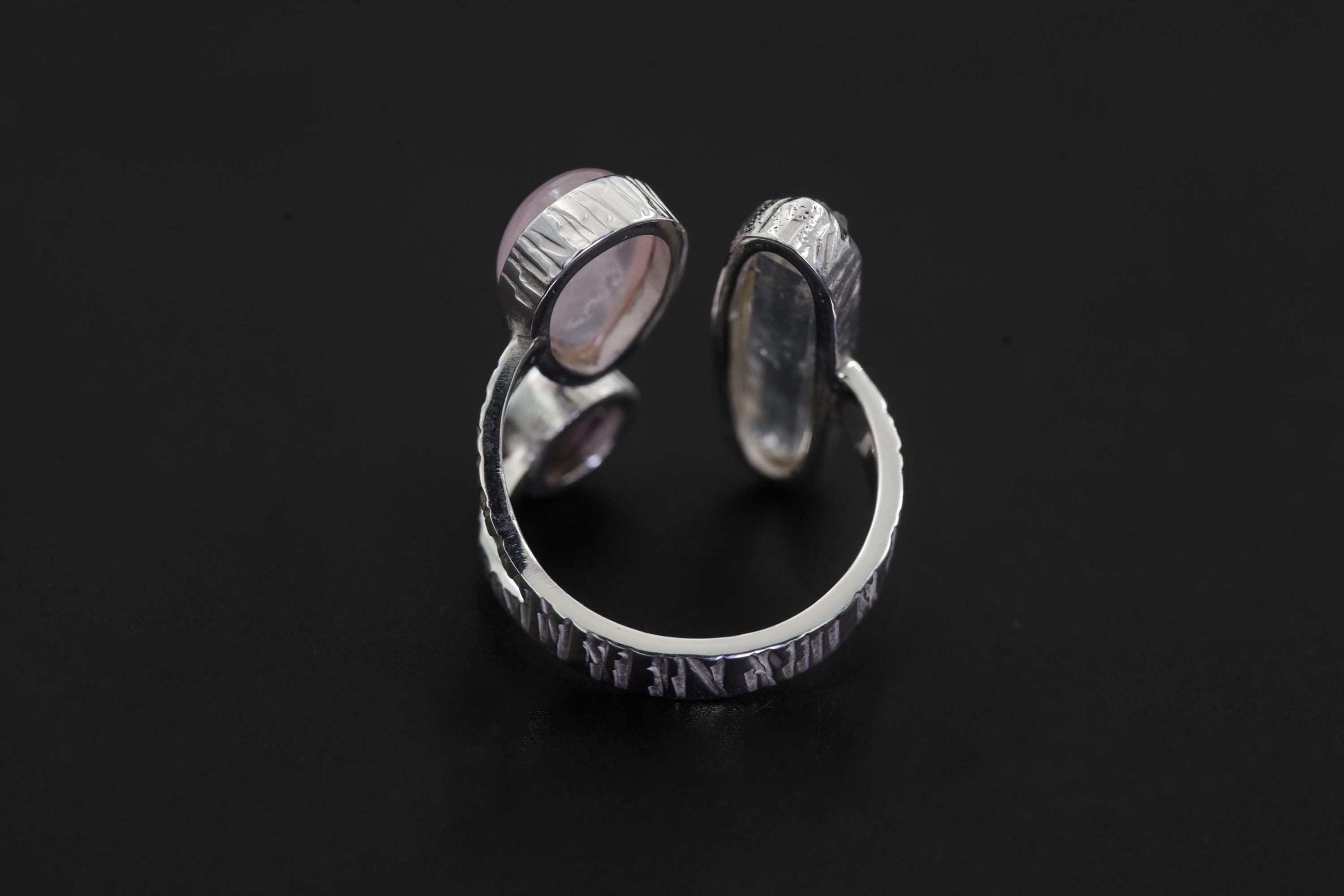 Triple Stone Sterling Silver Ring: Quartz, Amethyst, Rose Quartz