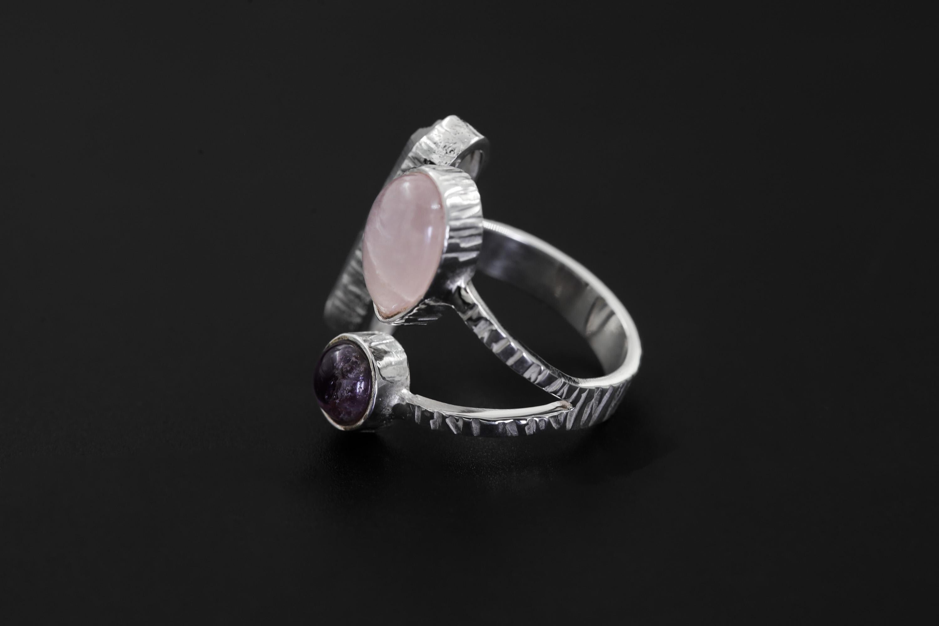 Triple Stone Sterling Silver Ring: Quartz, Amethyst, Rose Quartz