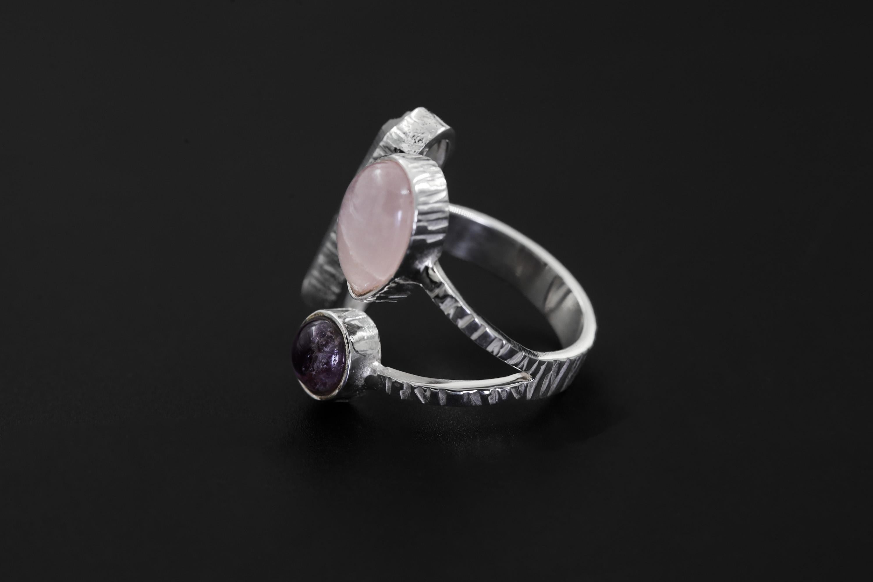 Himalayan Quartz Amethyst Rose Quartz Ring 925 Sterling Silver Adjustable Third Eye Heart Crown Chakra Gift