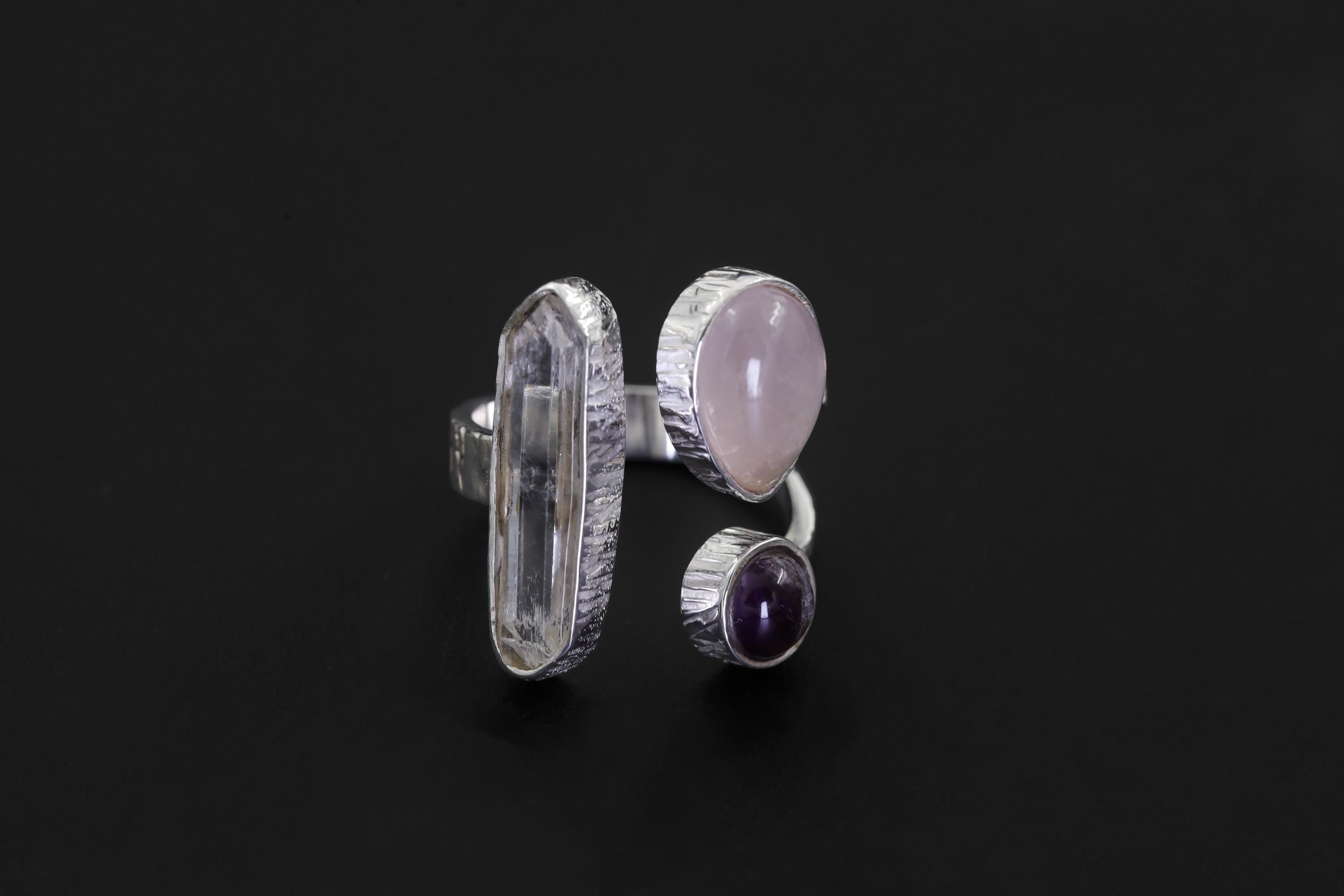 Triple Stone Sterling Silver Ring: Quartz, Amethyst, Rose Quartz