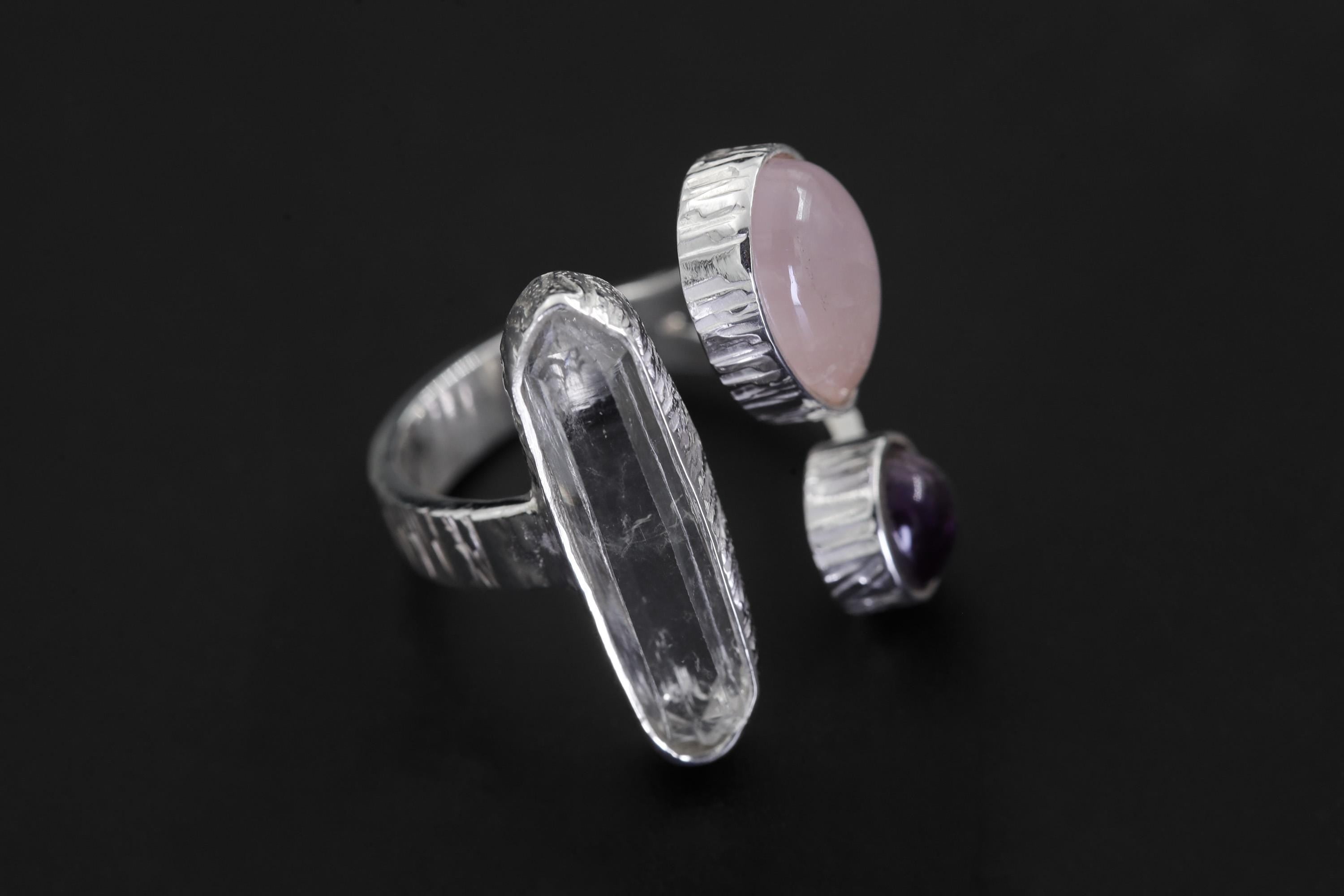 Triple Stone Sterling Silver Ring: Quartz, Amethyst, Rose Quartz