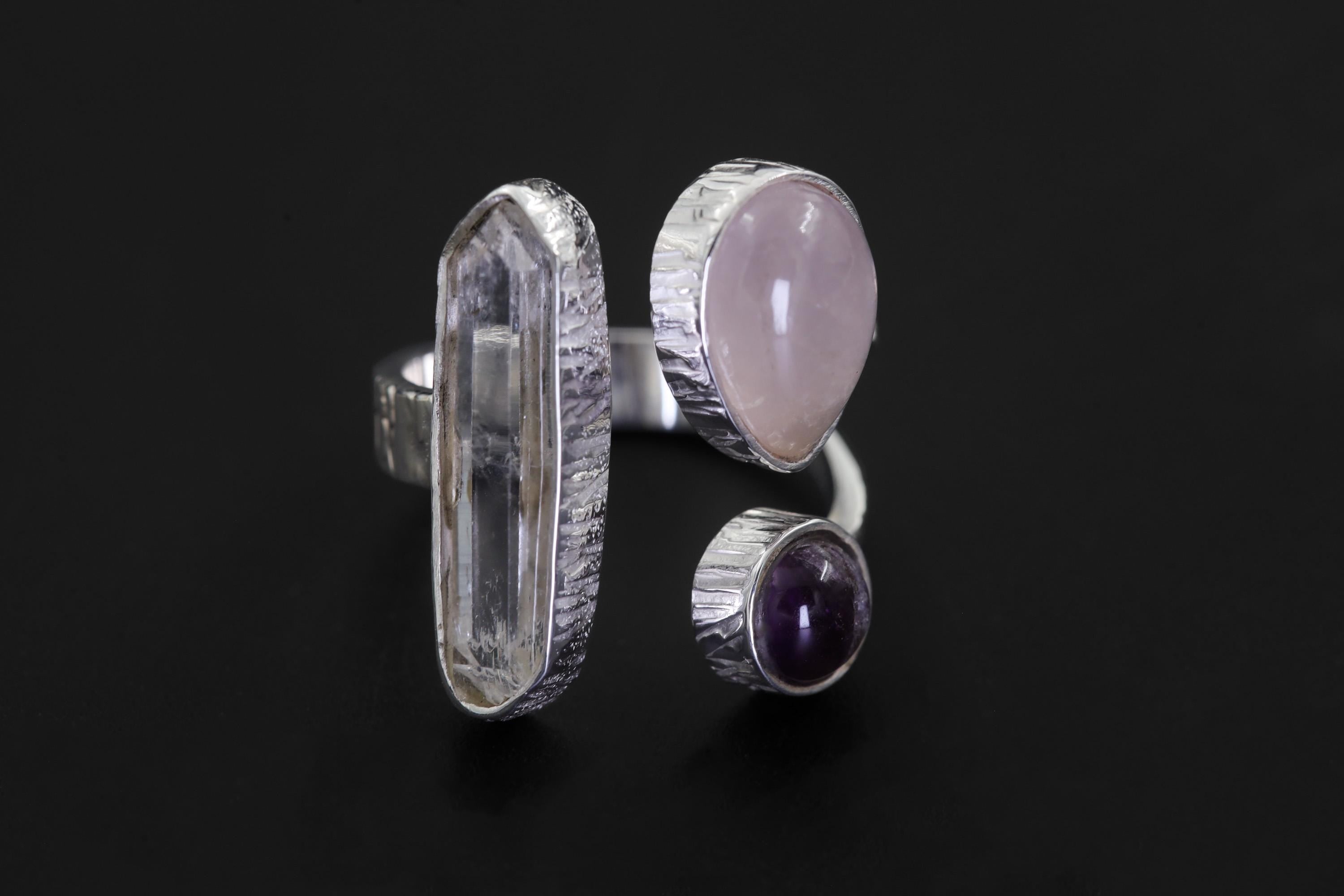 Himalayan Quartz Amethyst Rose Quartz Ring 925 Sterling Silver Adjustable Third Eye Heart Crown Chakra Gift