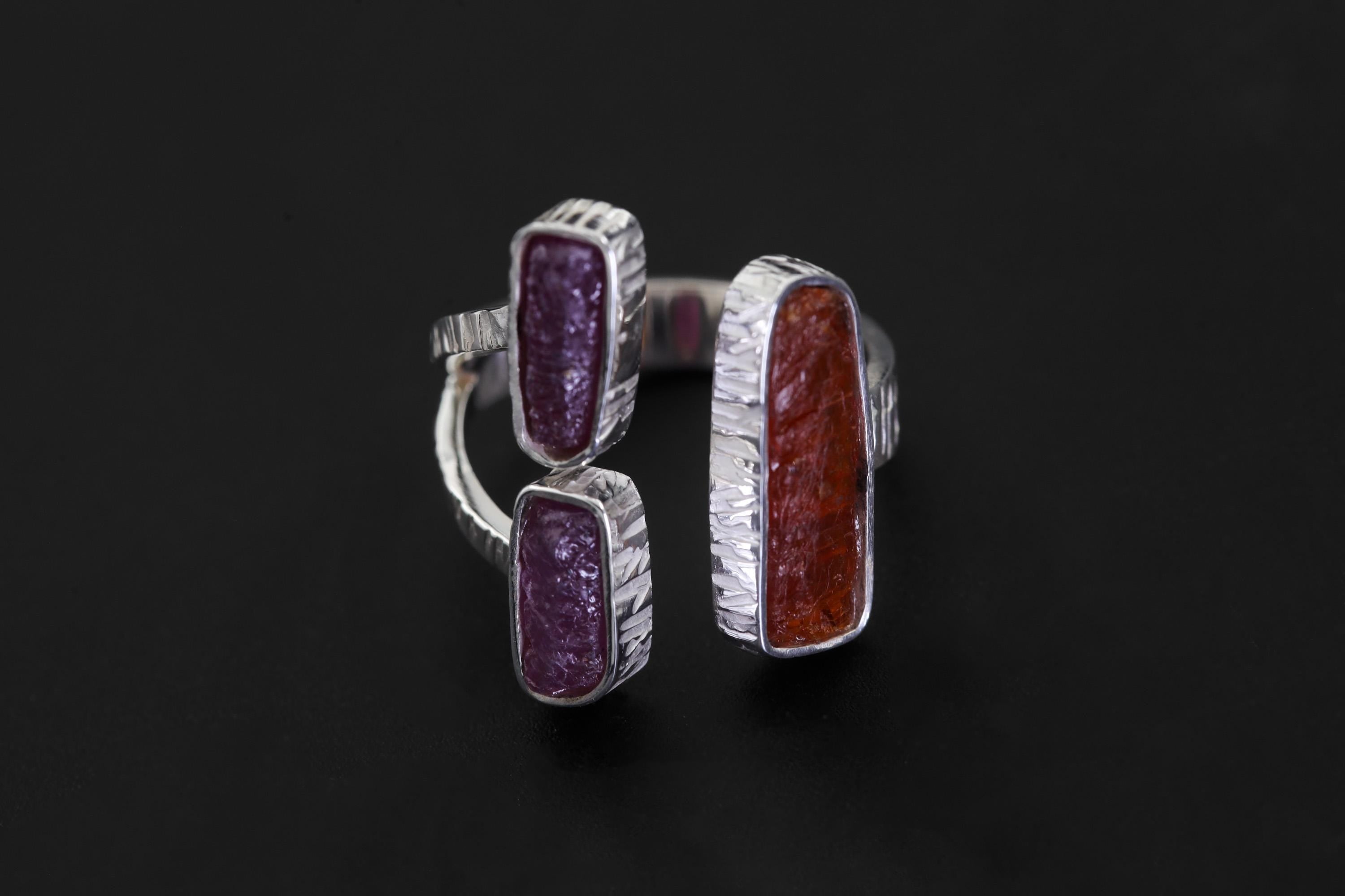 Red Kyanite Ruby Ring 925 Silver Adjustable Open Multi Stone Statement Jewelry