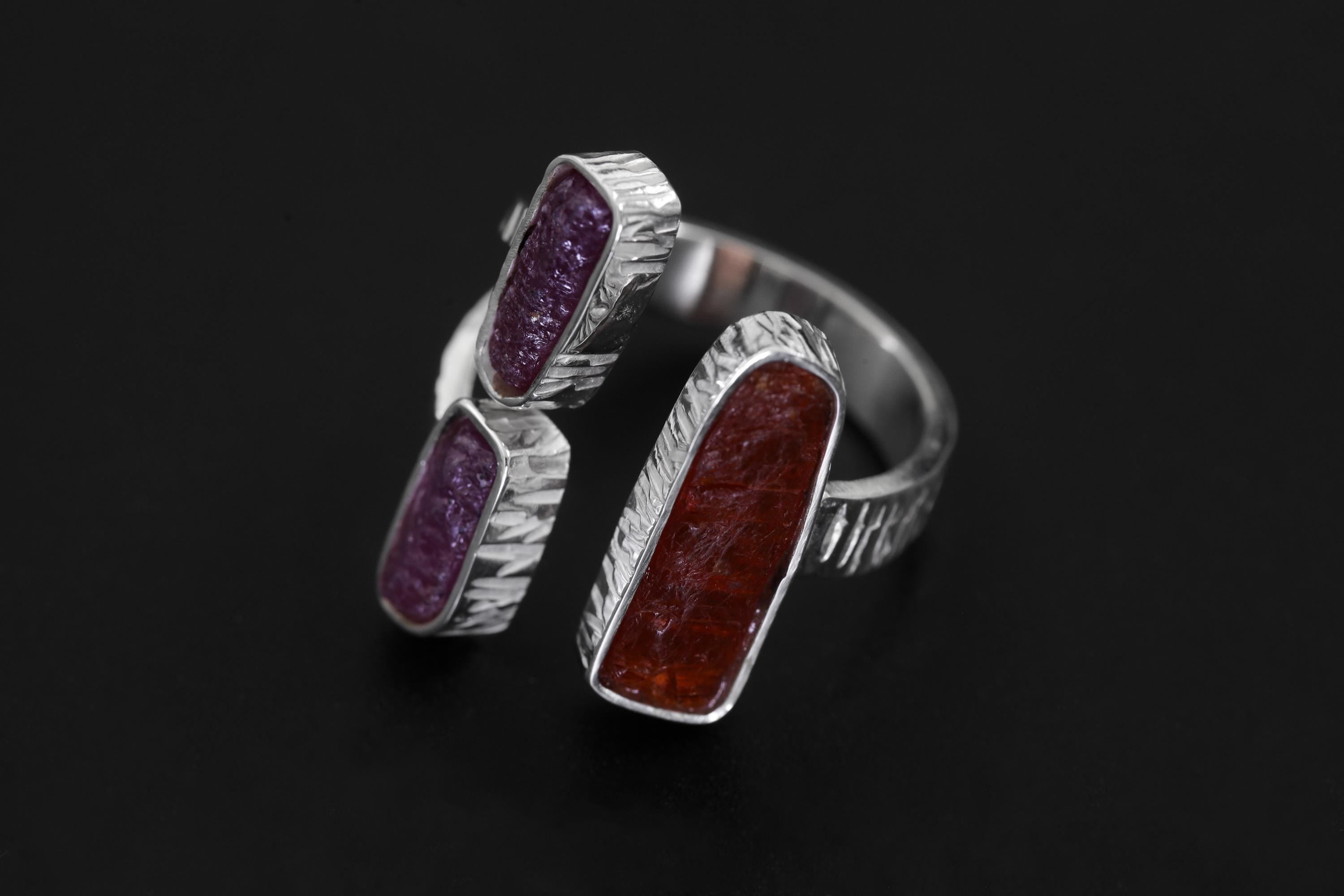 Red Kyanite Ruby Ring 925 Silver Adjustable Open Multi Stone Statement Jewelry