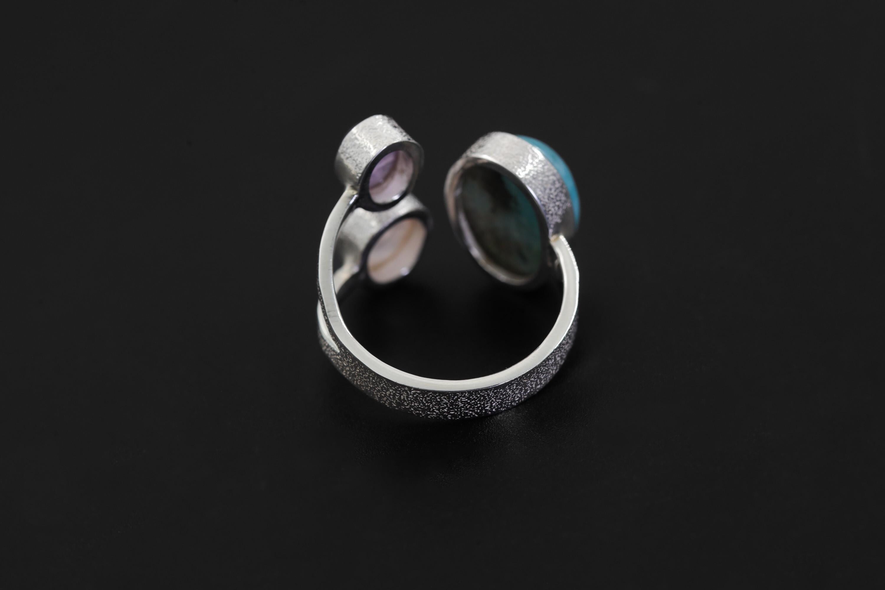 Larimar Amethyst Rose Quartz Ring 925 Sterling Silver Adjustable Ocean Heart Chakra Throat Crown Crystal Gift