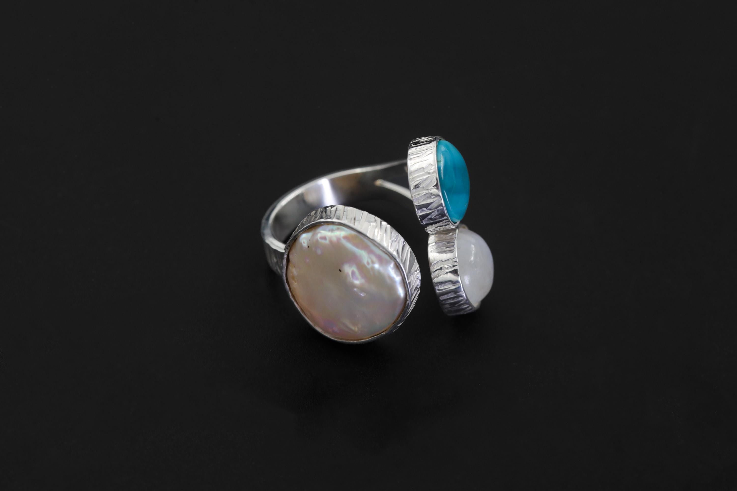 Pearl Larimar Blue Moonstone Multi Stone Ring 925 Sterling Silver Adjustable Open Band Jewelry