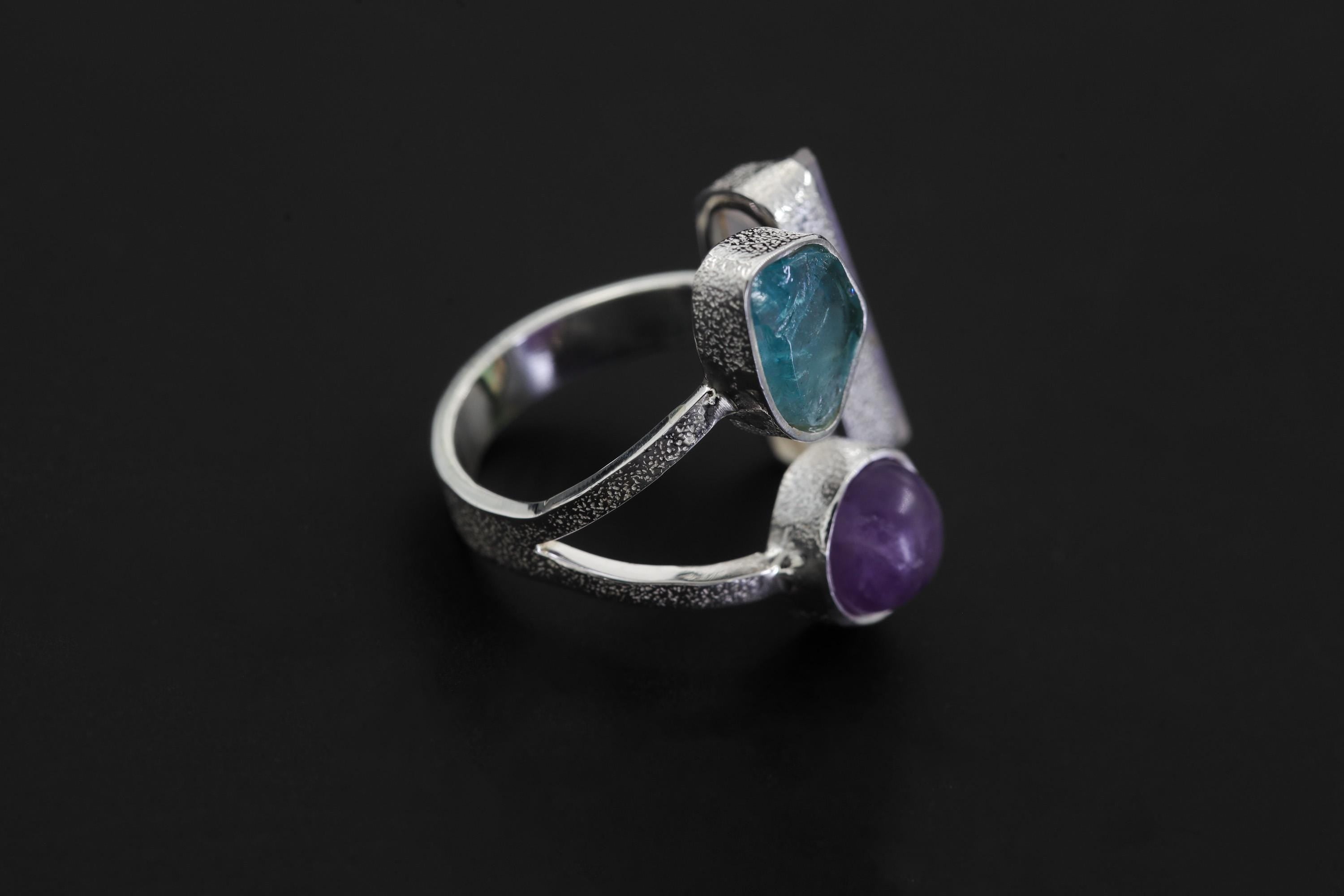 Sterling Silver Multi Stone Ring: Angel Aura, Blue Apatite, Amethyst – Adjustable Band