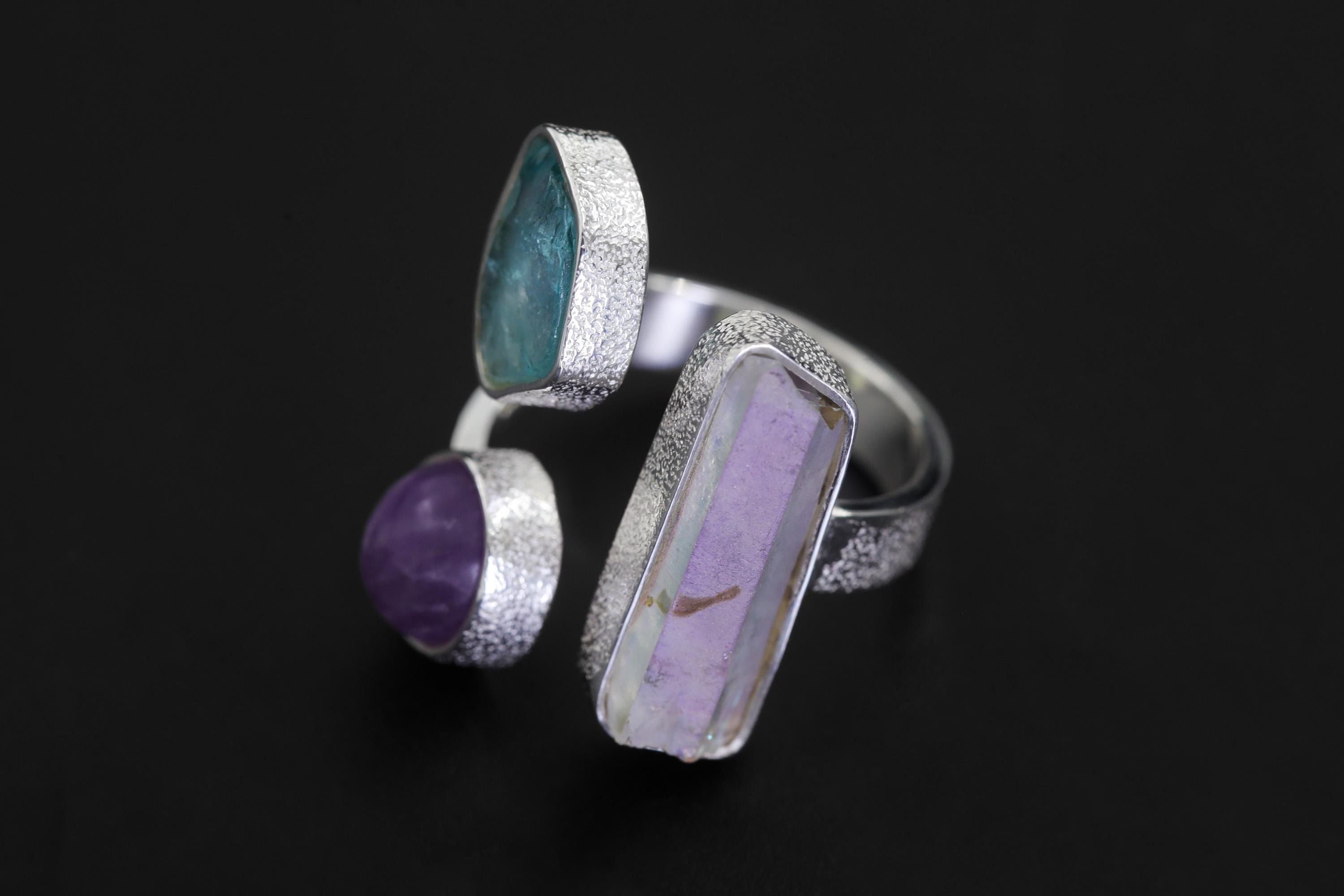 Sterling Silver Multi Stone Ring: Angel Aura, Blue Apatite, Amethyst – Adjustable Band