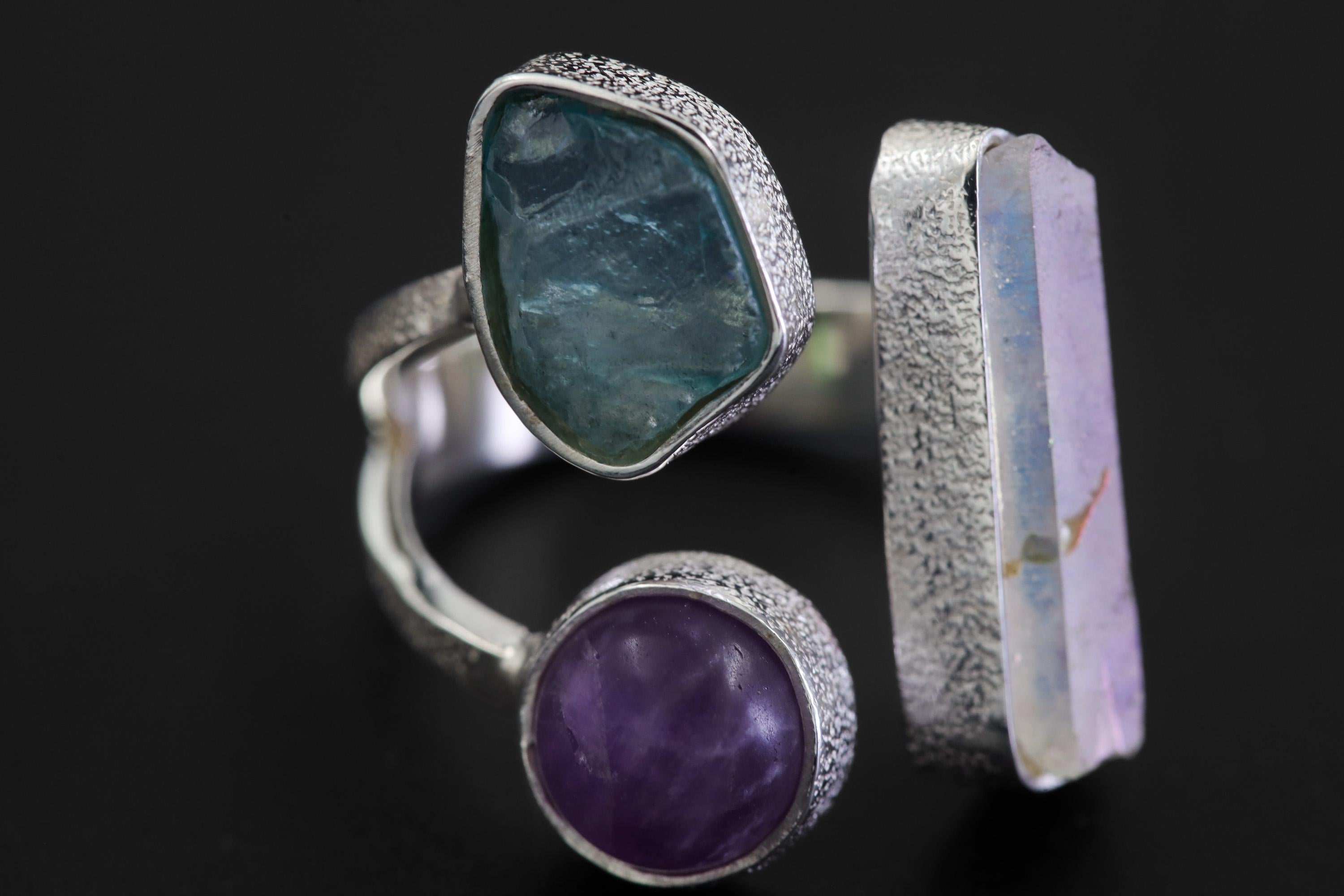 Sterling Silver Multi Stone Ring: Angel Aura, Blue Apatite, Amethyst – Adjustable Band