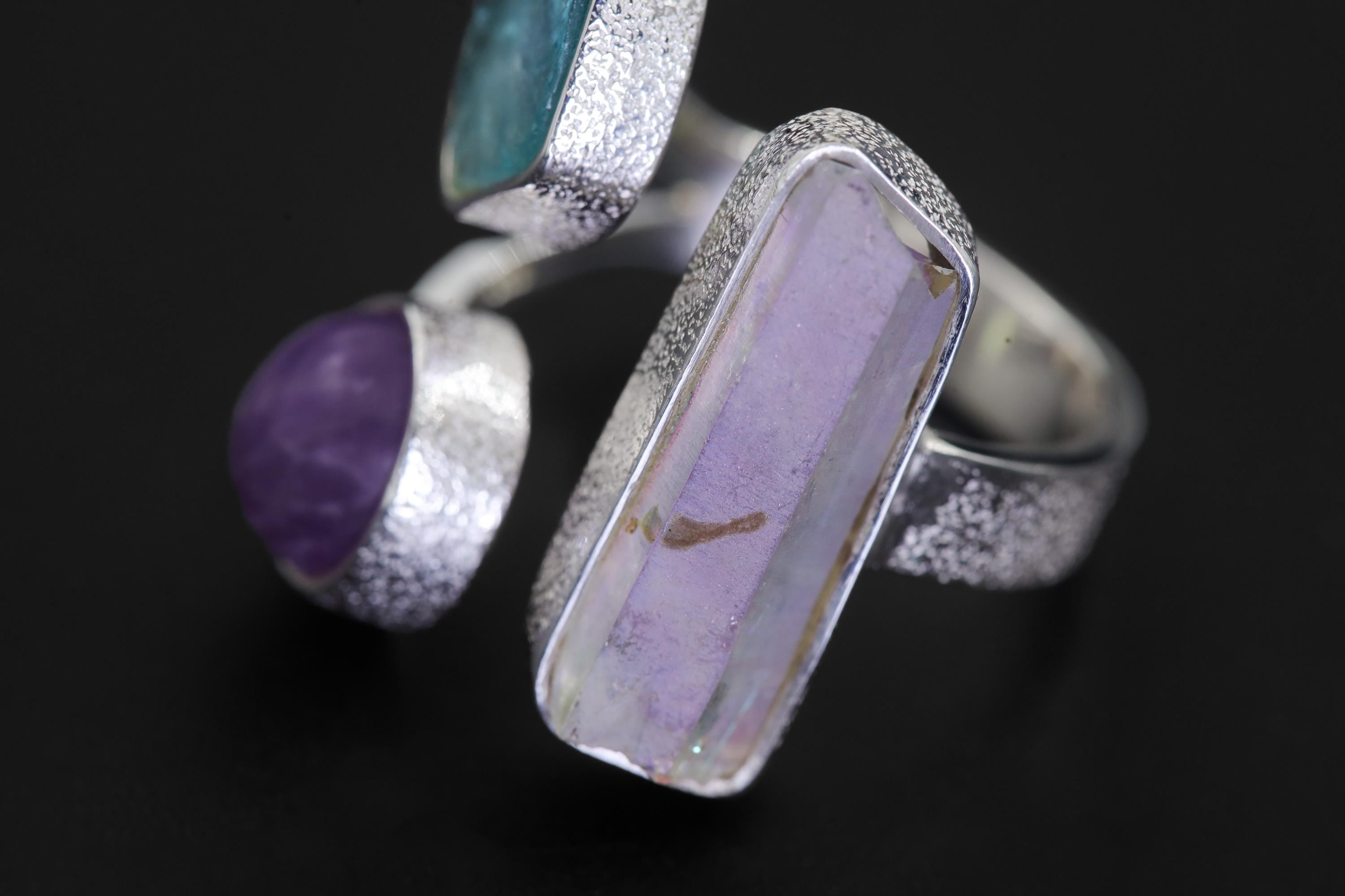 Sterling Silver Multi Stone Ring: Angel Aura, Blue Apatite, Amethyst – Adjustable Band