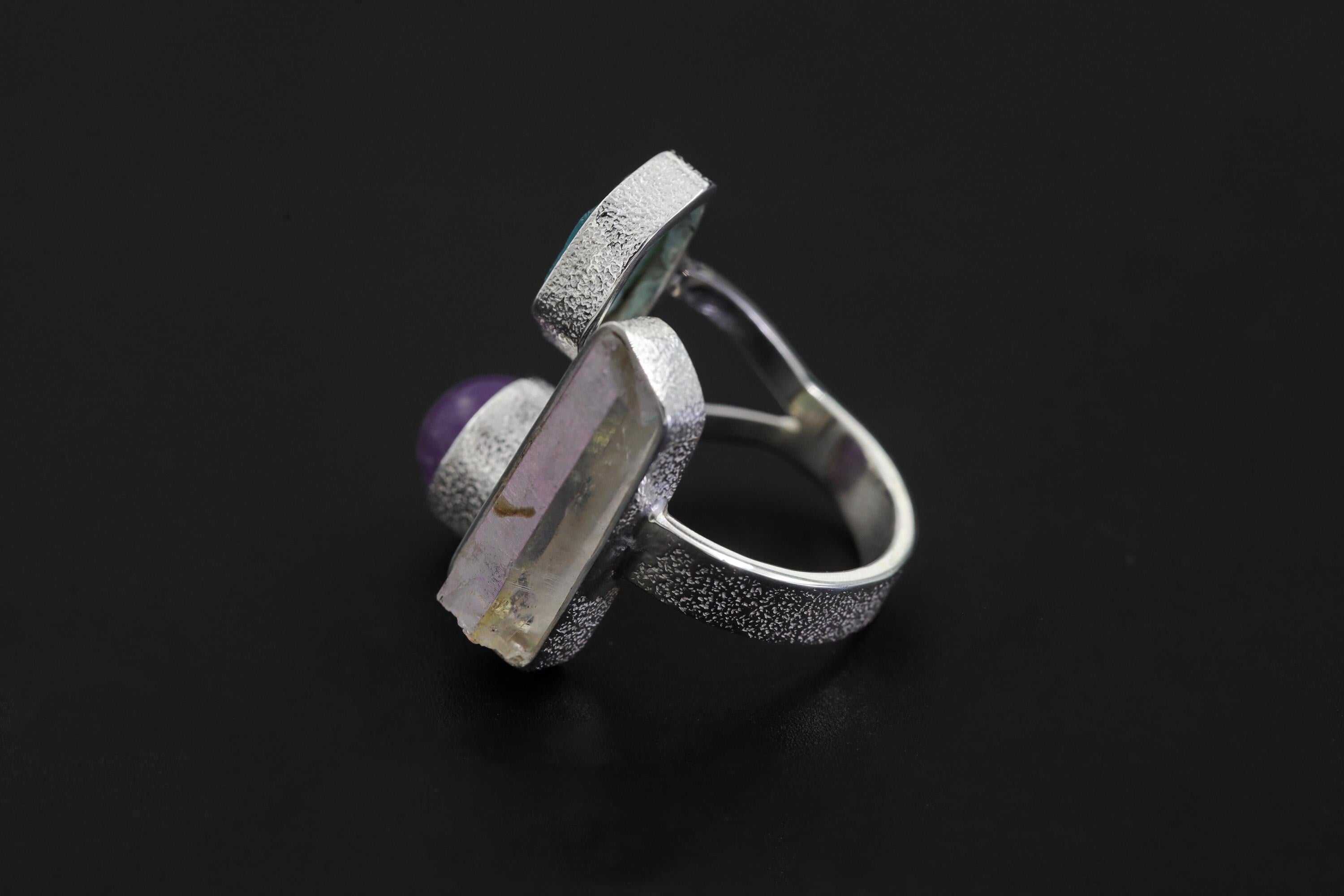Sterling Silver Multi Stone Ring: Angel Aura, Blue Apatite, Amethyst – Adjustable Band