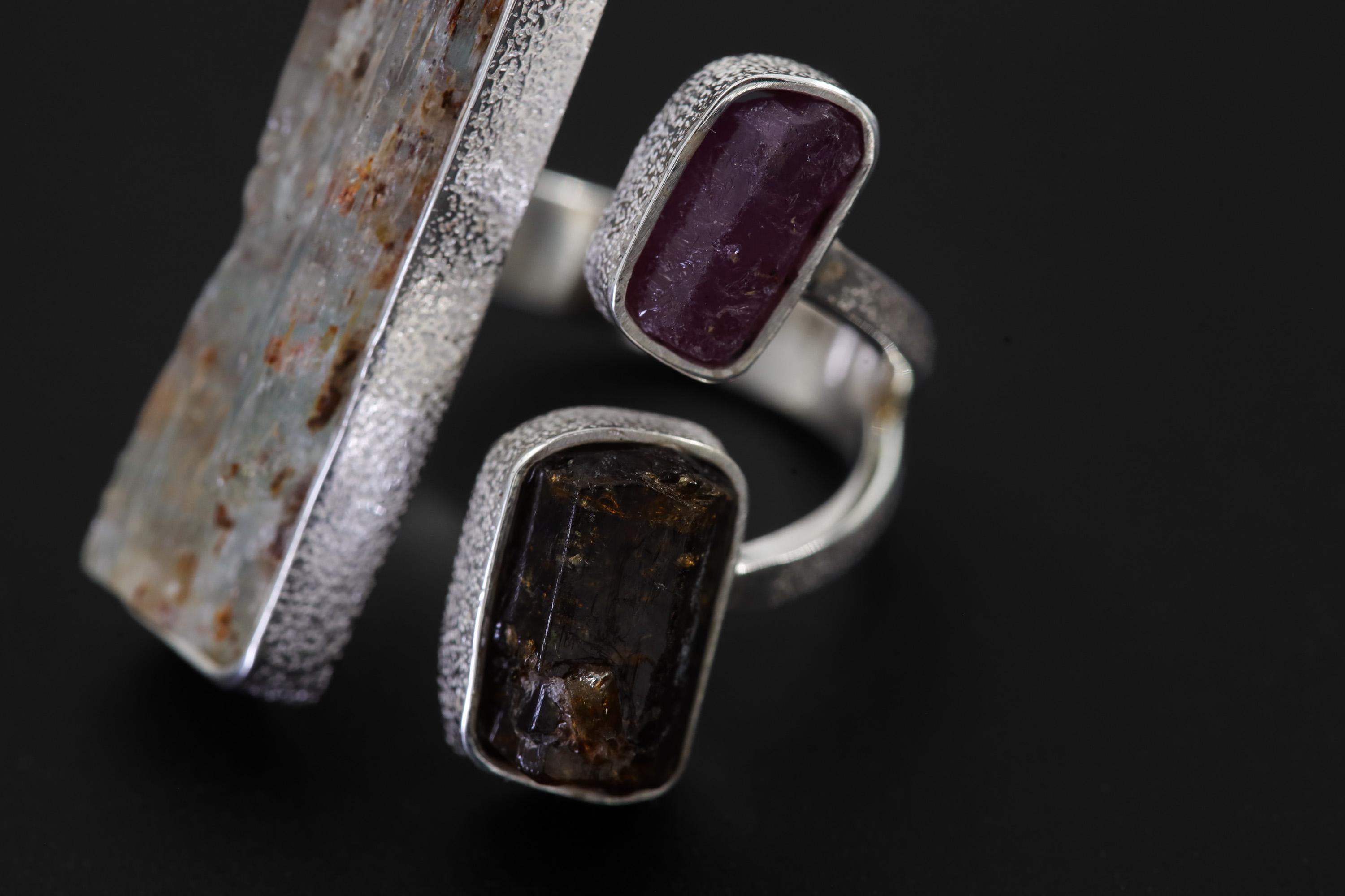 Raw Aquamarine Ruby Brown Tourmaline Ring Sterling Silver Open Band Grounding Vitality Crystal Jewelry Gift