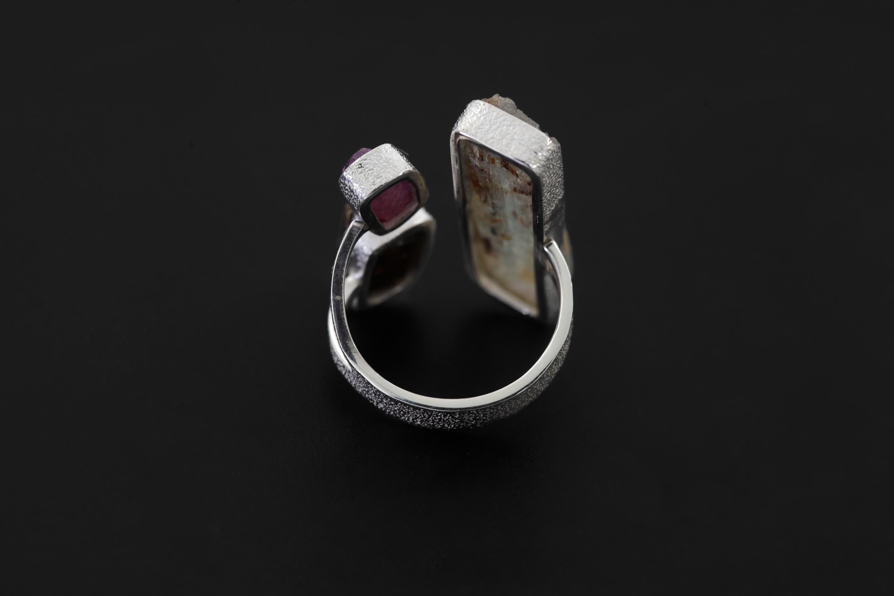 Raw Aquamarine Ruby Brown Tourmaline Ring Sterling Silver Open Band Grounding Vitality Crystal Jewelry Gift